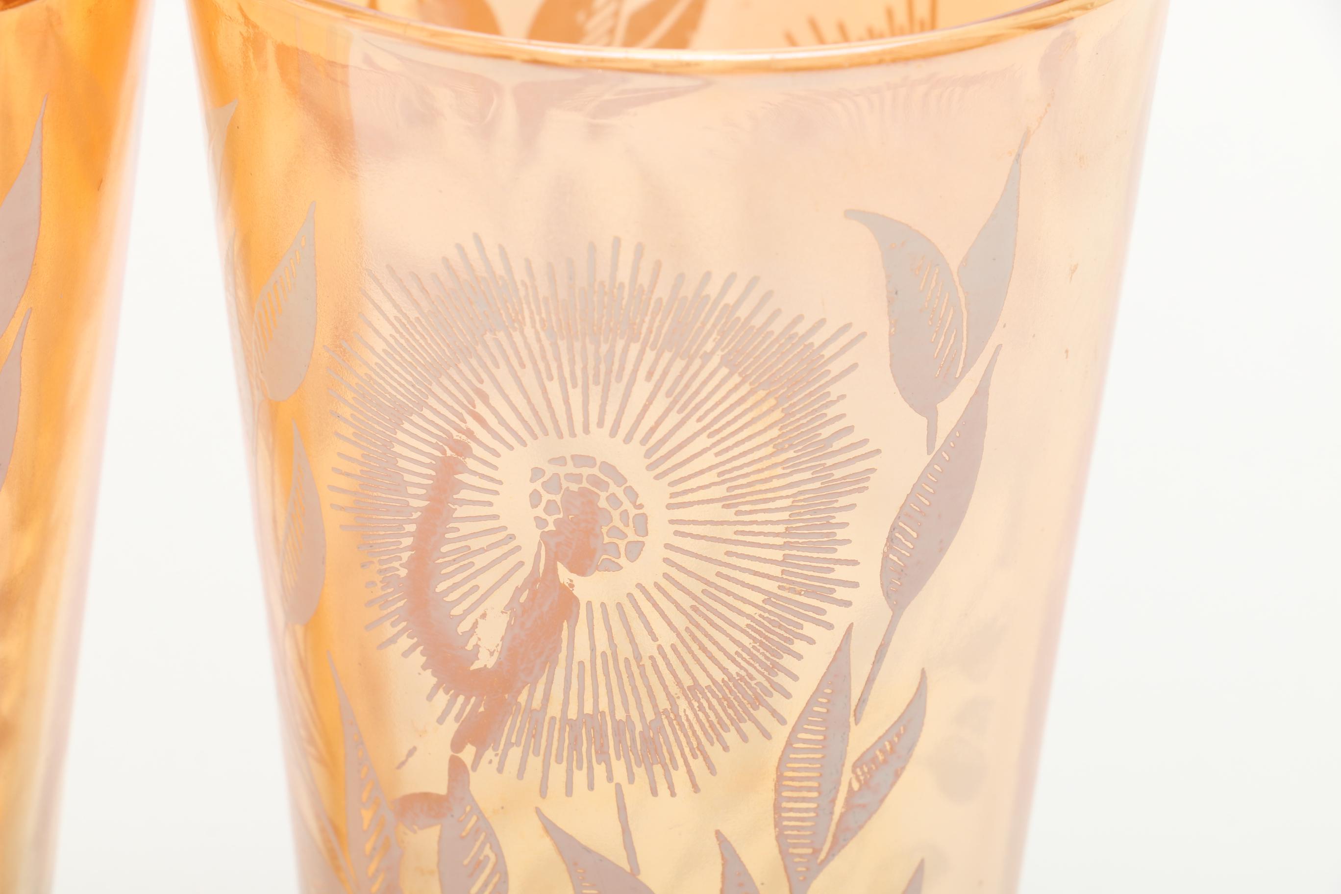 Vintage Jeannette Marigold Carnival Glass Water Pitcher and Assorted Tumblers