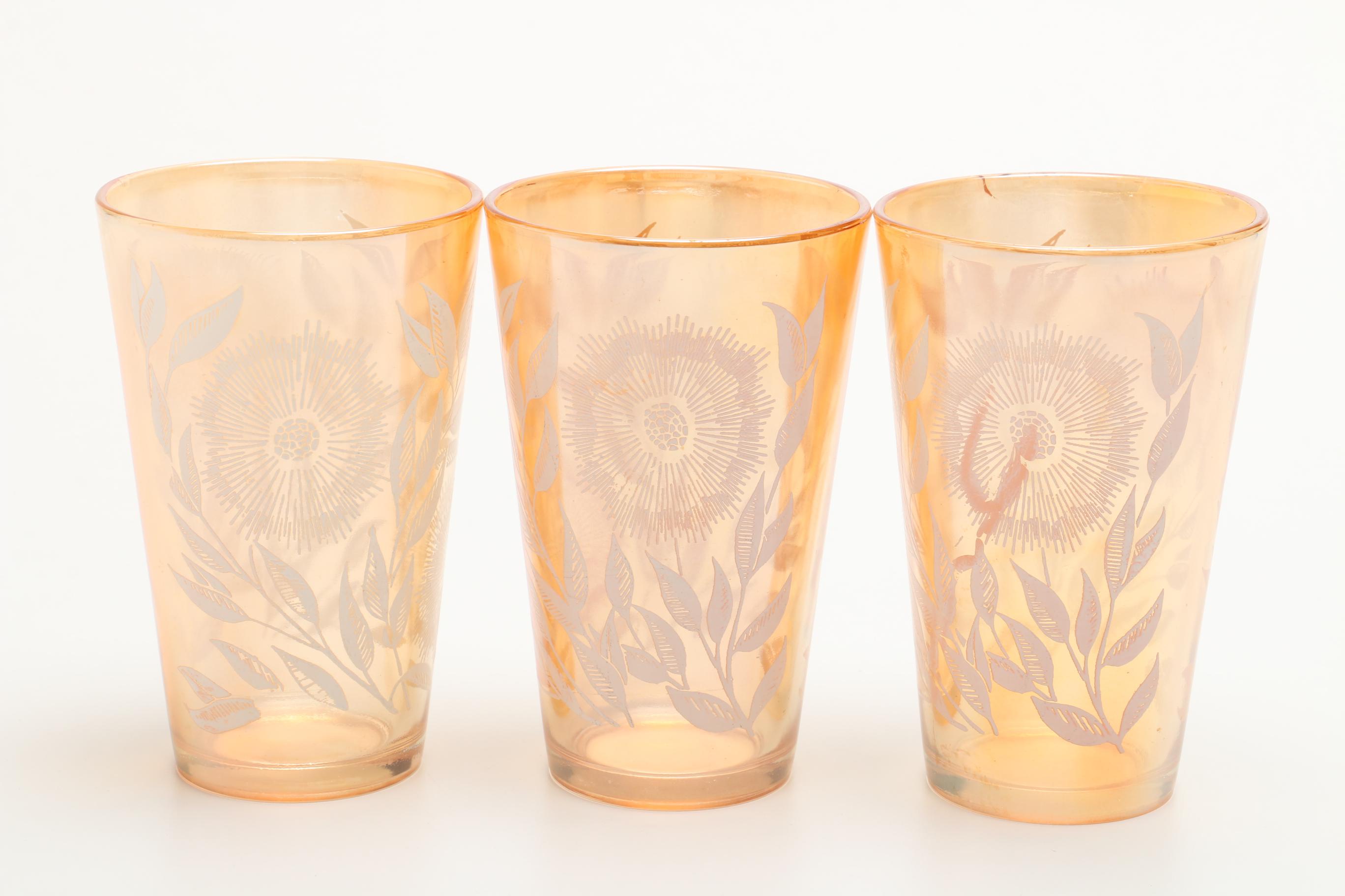 Vintage Jeannette Marigold Carnival Glass Water Pitcher and Assorted Tumblers