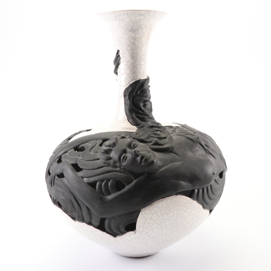 J.S. Kim Thrown and Sculpted Raku Fired Figural Vase