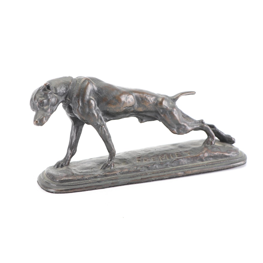 After Emmanuel Frémiet  Bronze Sculpture of Stretching Greyhound