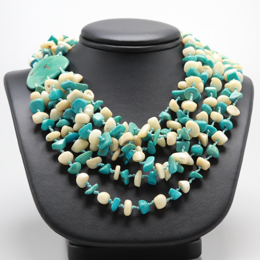 Hand Knotted Multi-Strand Shell, Coral and Turquoise Necklace