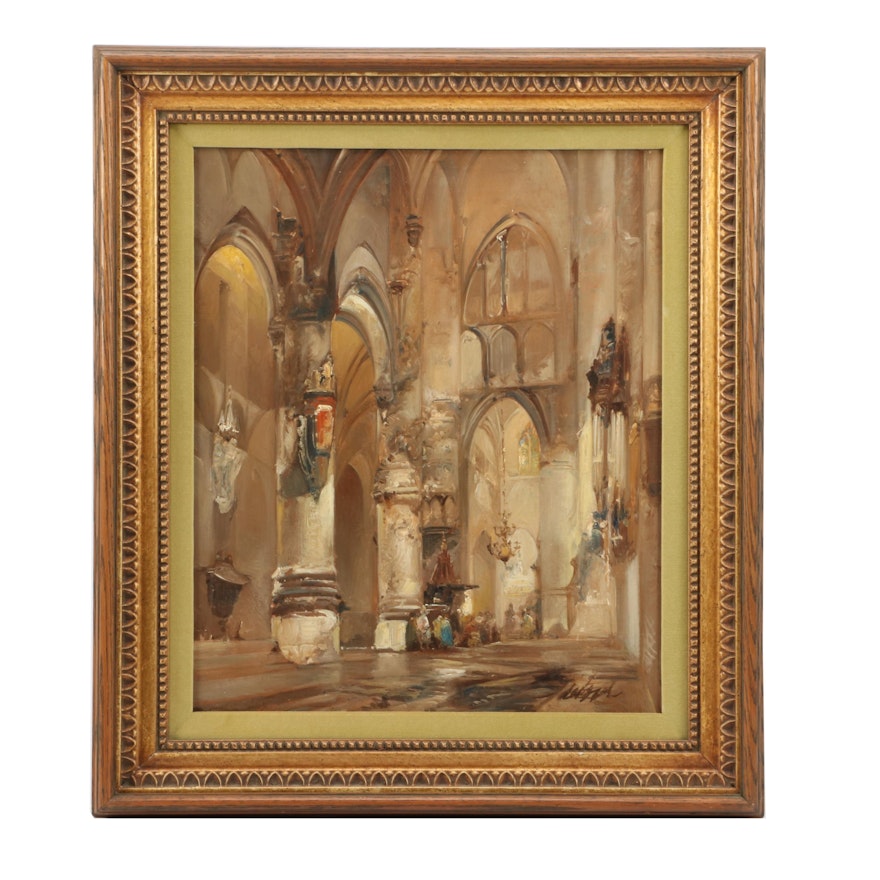 Late 20th-Century Oil Painting Gothic Cathedral Interior