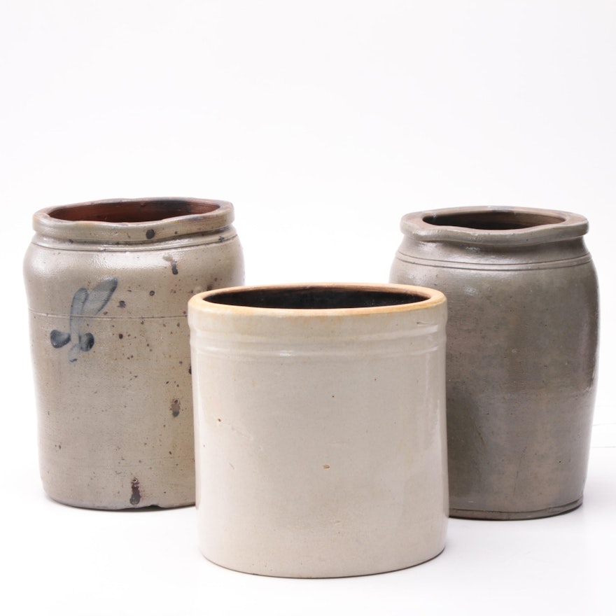 Vintage Salt and Slip Glazed Stoneware Crocks