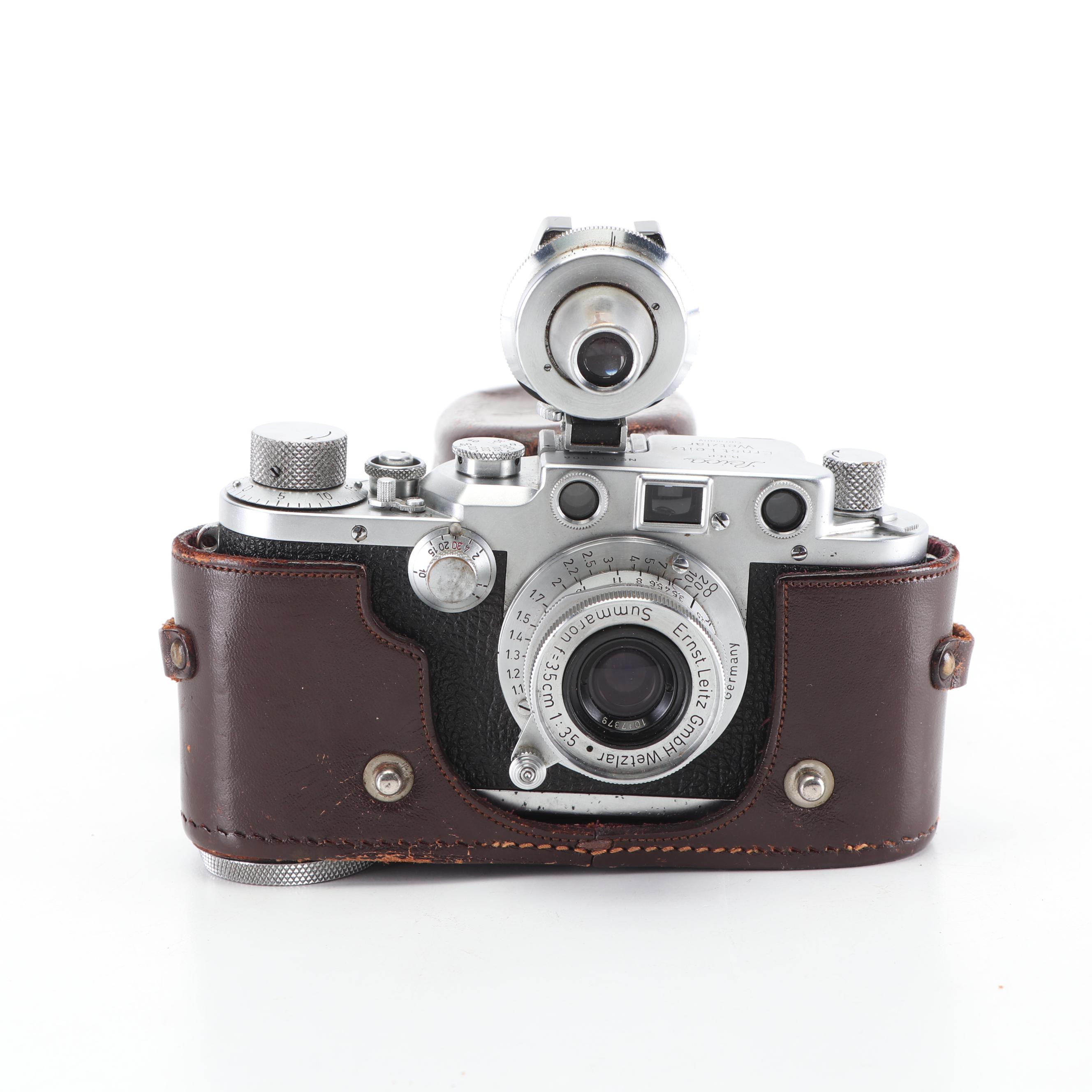 Leica IIIC 35mm Camera with Viewfinder Attachment and Leather Case, c. 1950
