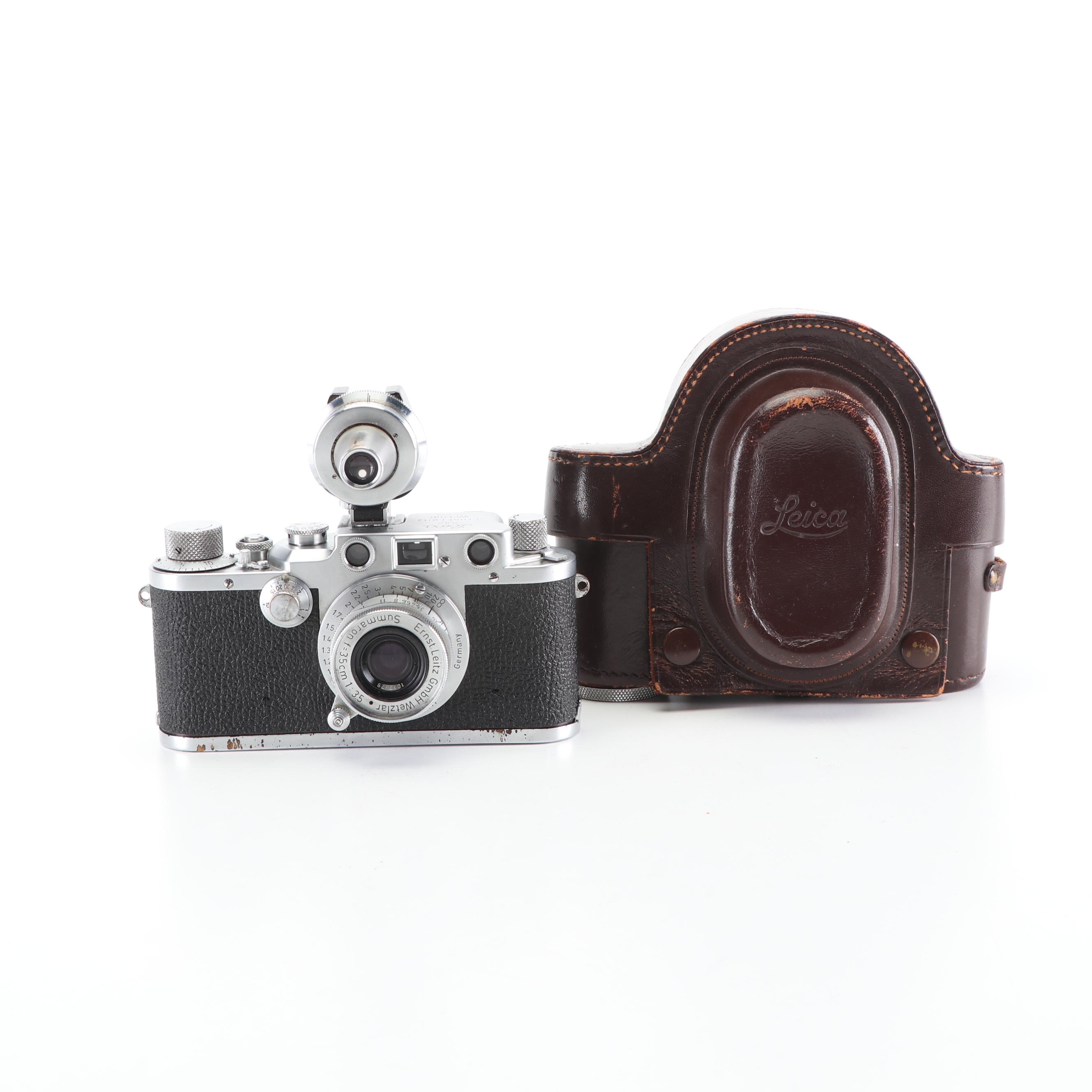 Leica IIIC 35mm Camera with Viewfinder Attachment and Leather Case, c. 1950