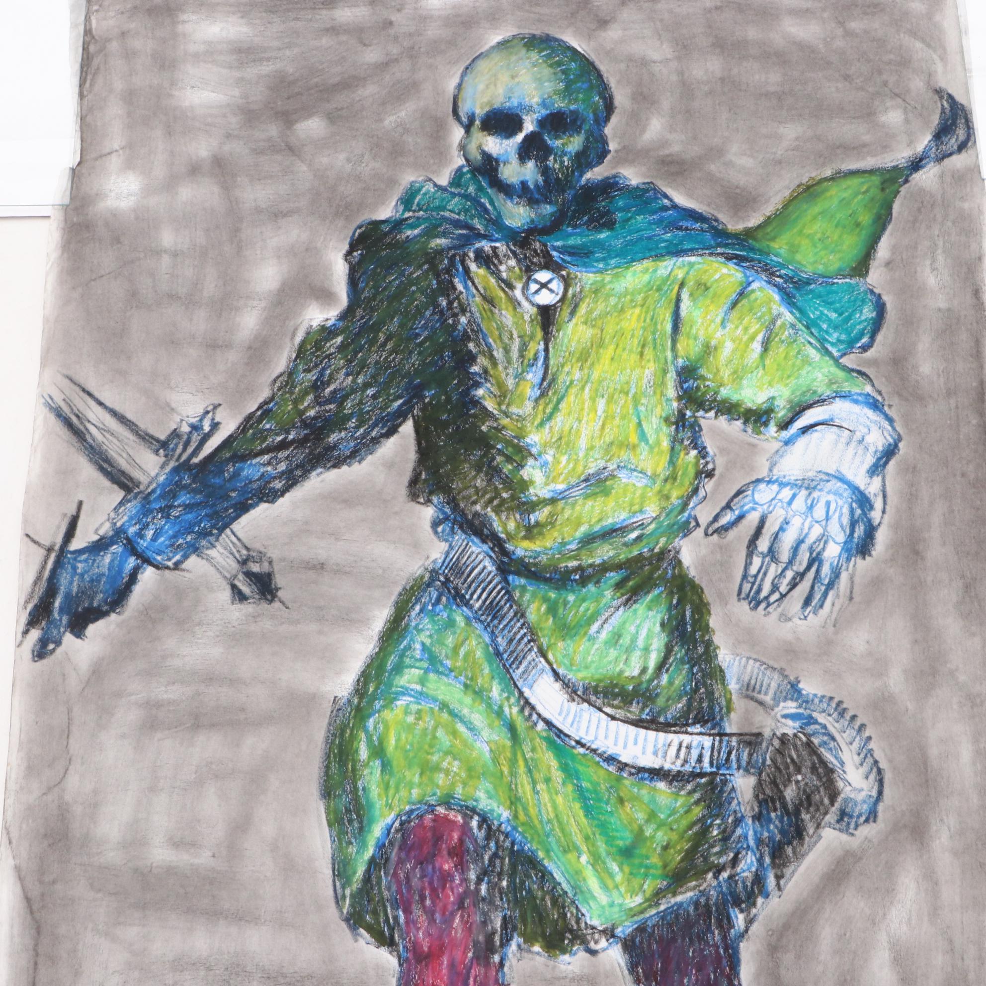 Robert Lahmann Drawing of Grim Reaper and Abstract Painting of Creature