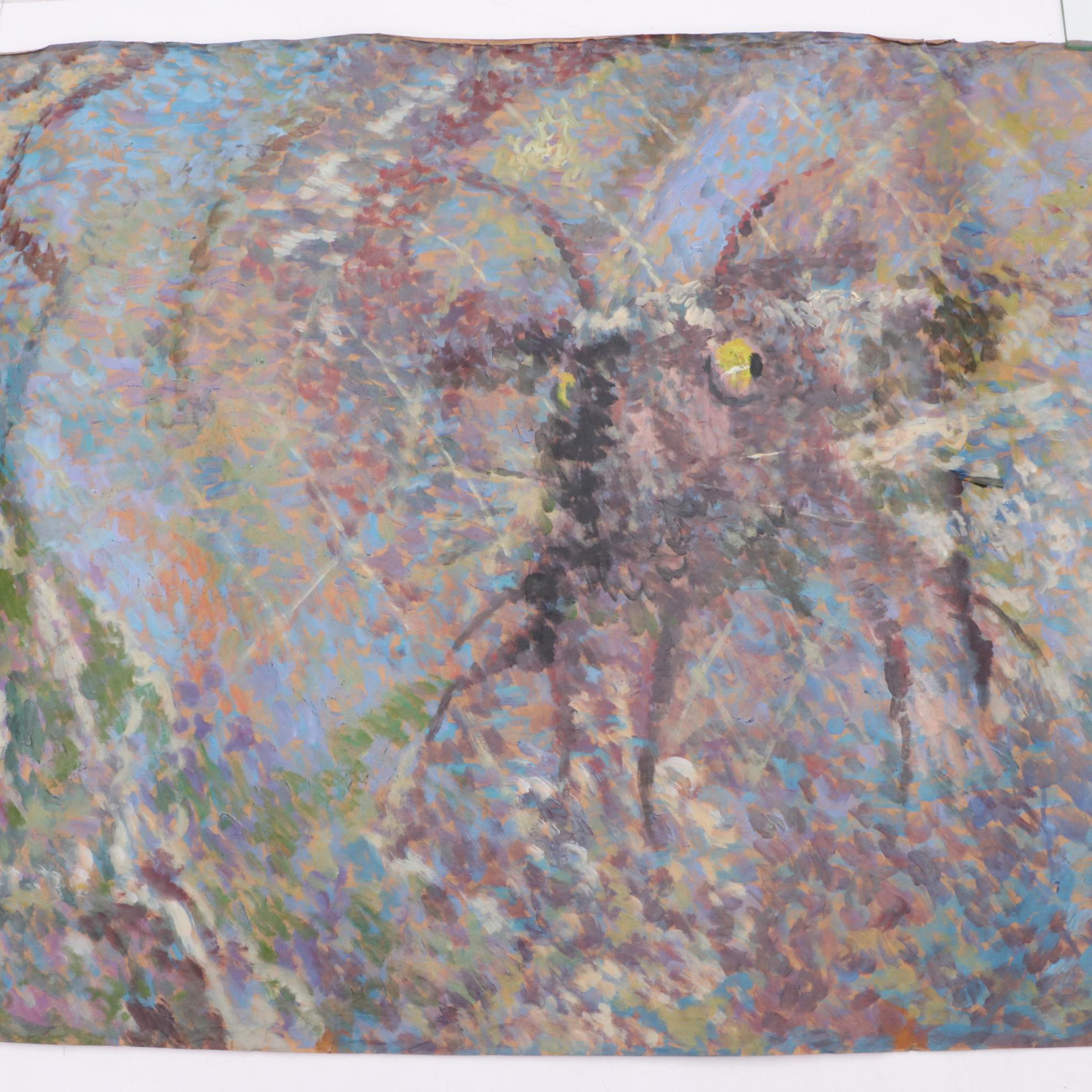 Robert Lahmann Drawing of Grim Reaper and Abstract Painting of Creature