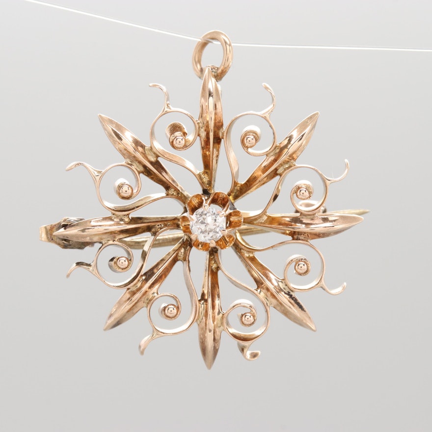 Victorian 10K Rose Gold Diamond Converter Pinwheel Brooch