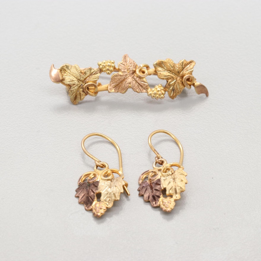 14K Rose Gold and Yellow Gold Brooch and 10K Two Tone Gold Earrings