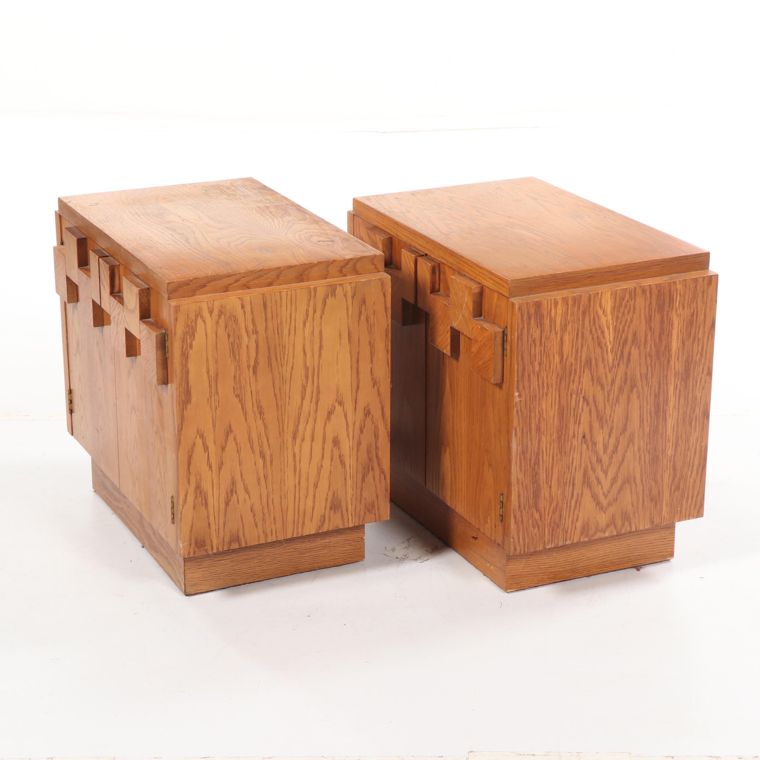 Brutalist Style Oak Nightstand Pair, Mid-20th Century