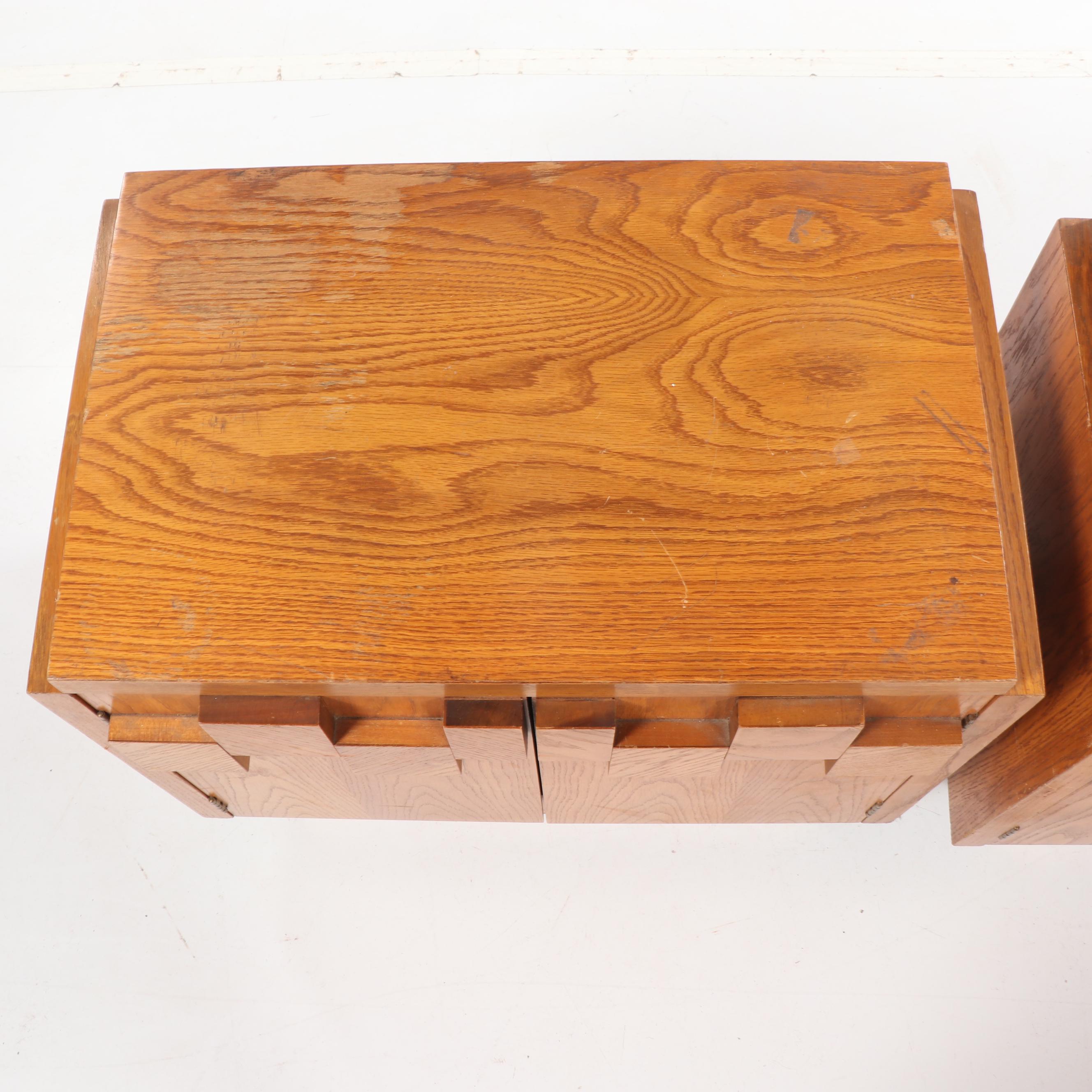 Brutalist Style Oak Nightstand Pair, Mid-20th Century
