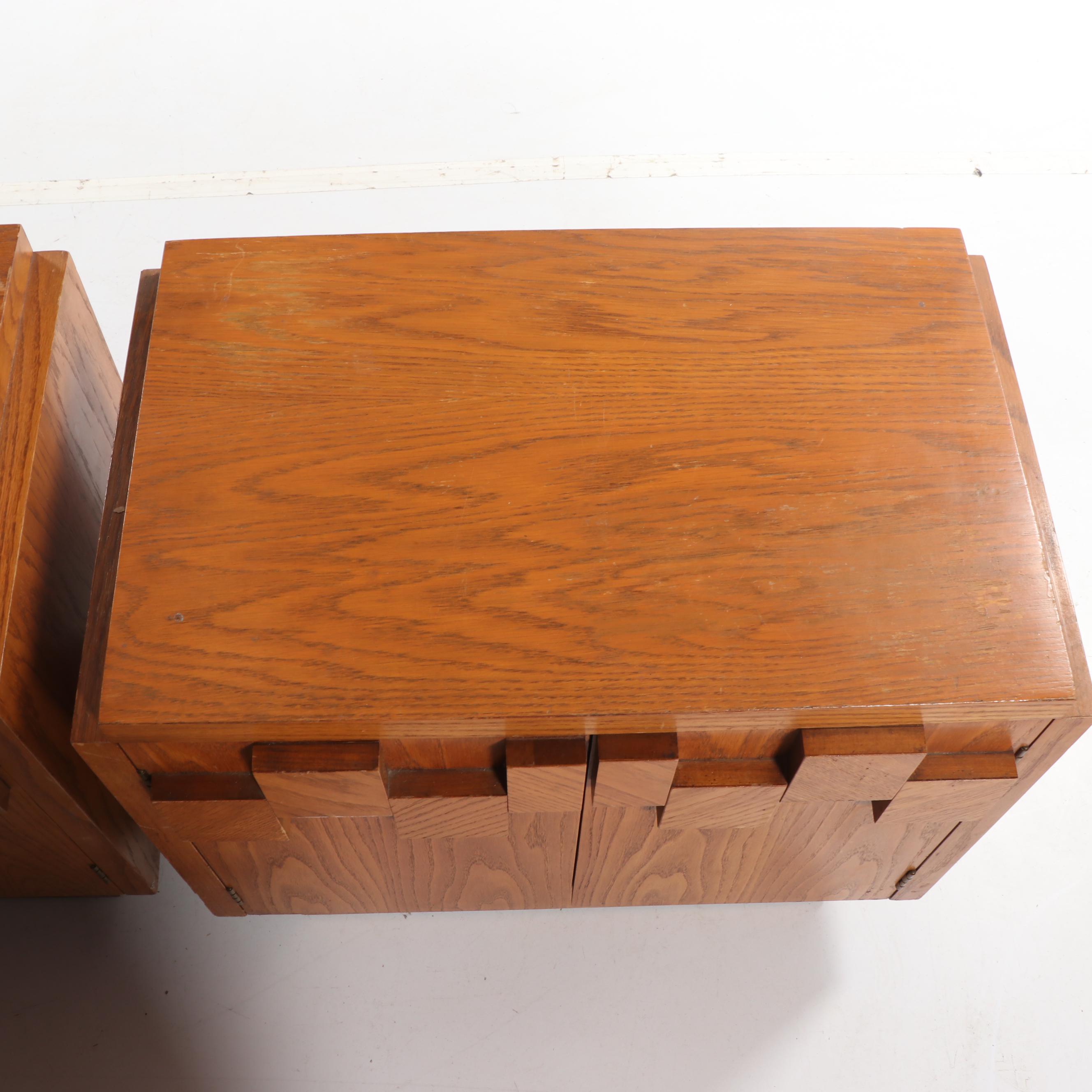 Brutalist Style Oak Nightstand Pair, Mid-20th Century