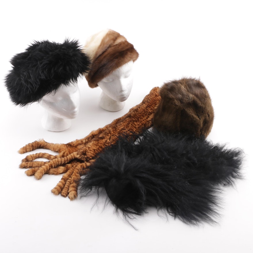 Mink, Muskrat, and Tuscan Lamb Fur Hats, Mongolian Lamb Collar and Rabbit Scarf