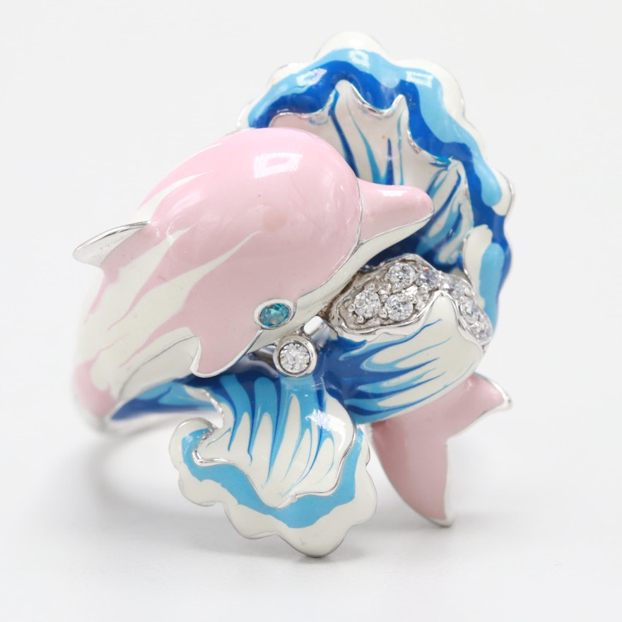Sterling Silver Enamel Dolphin Ring Accented with Blue and White Cubic Zirconia