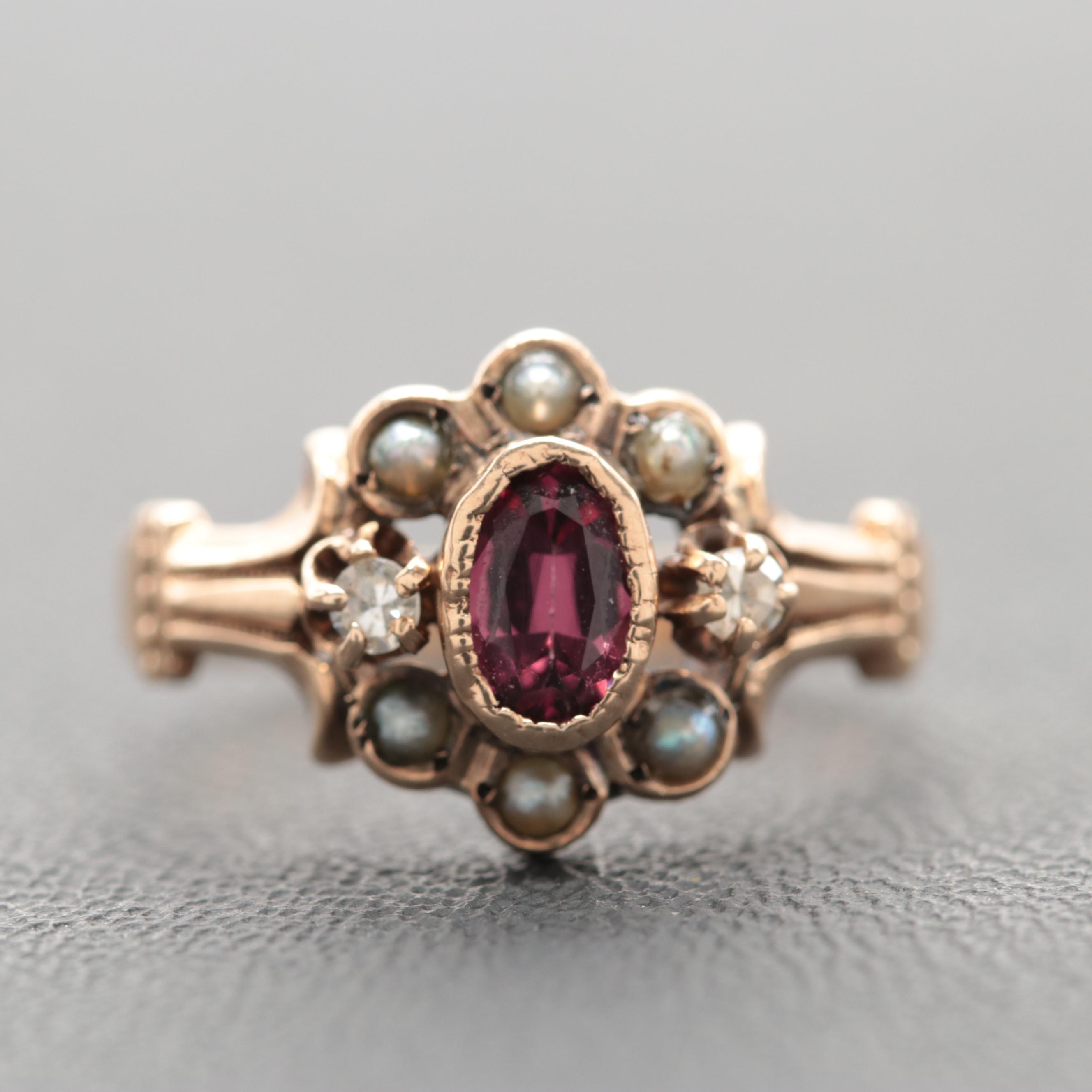 Victorian 10K Rose Gold Garnet, Diamond and Cultured Pearl Ring