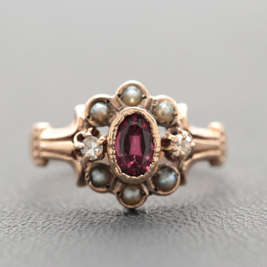 Victorian 10K Rose Gold Garnet, Diamond and Cultured Pearl Ring