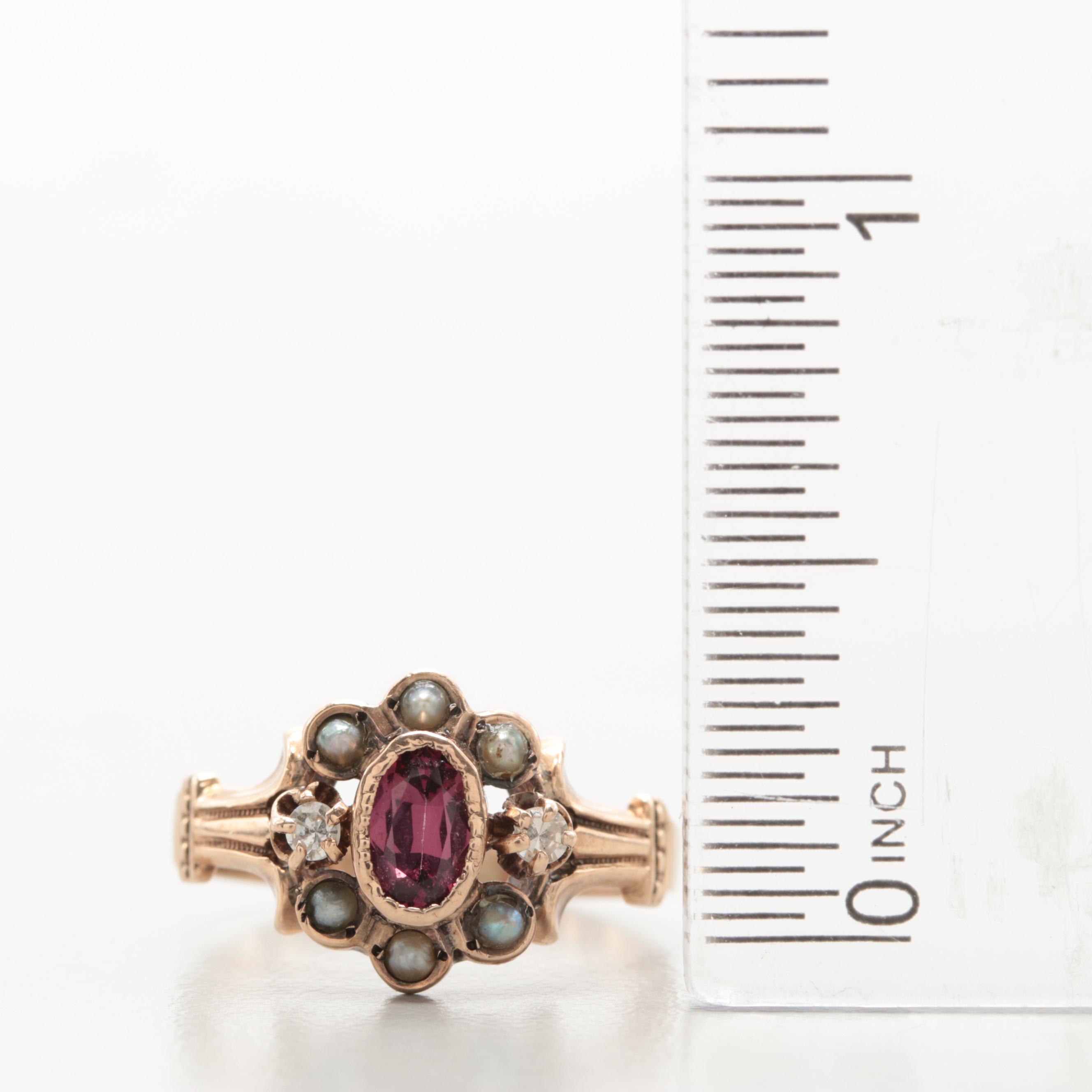 Victorian 10K Rose Gold Garnet, Diamond and Cultured Pearl Ring