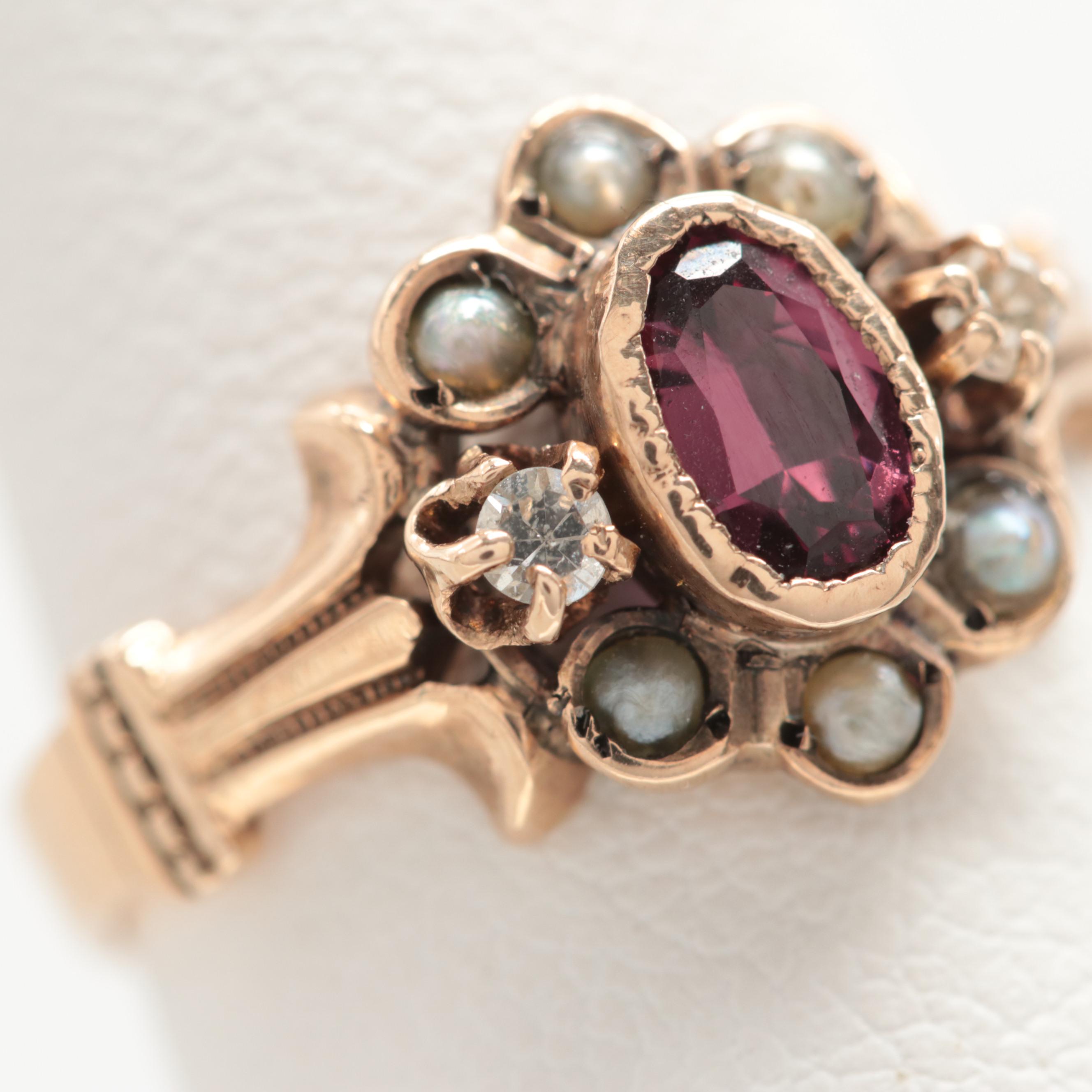 Victorian 10K Rose Gold Garnet, Diamond and Cultured Pearl Ring