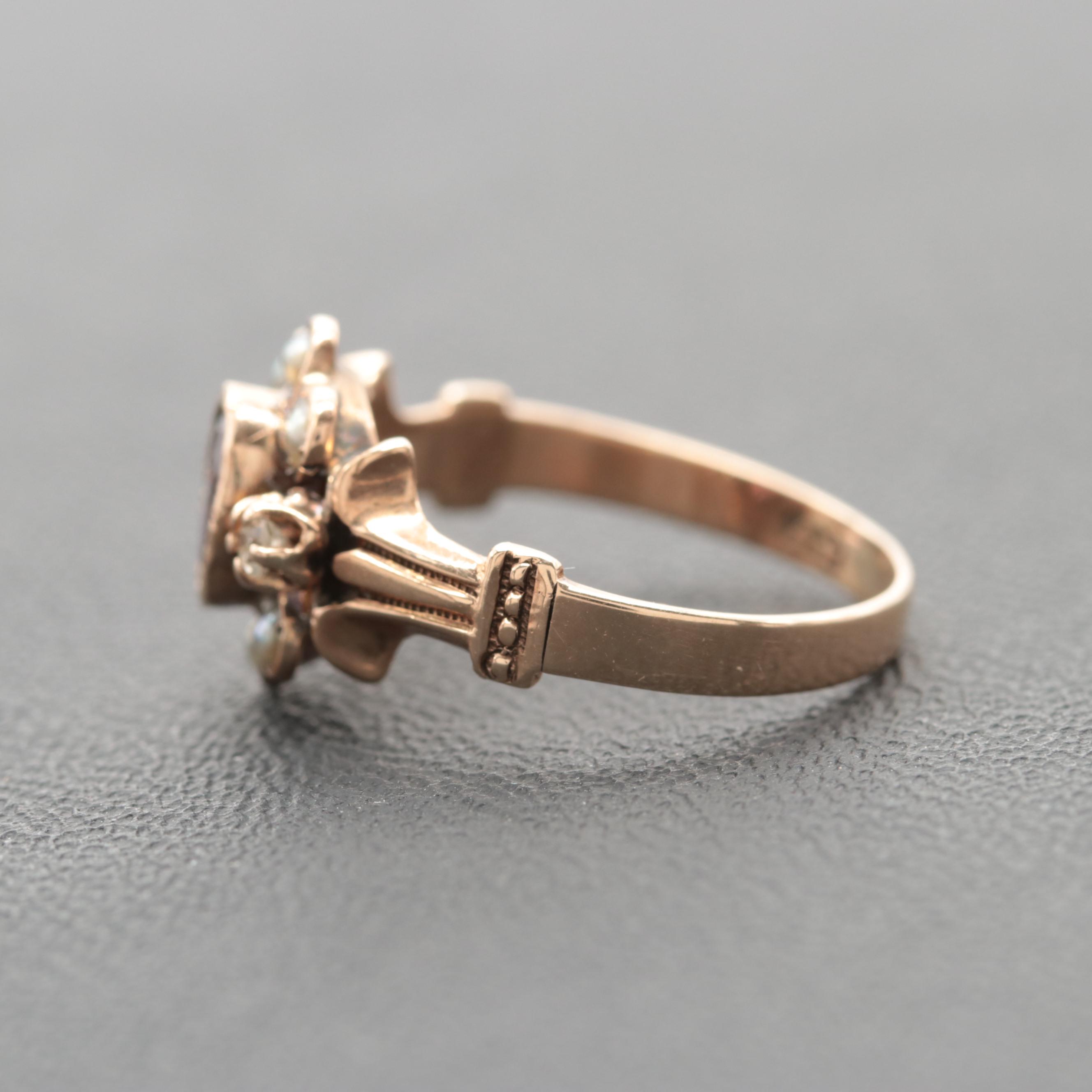 Victorian 10K Rose Gold Garnet, Diamond and Cultured Pearl Ring