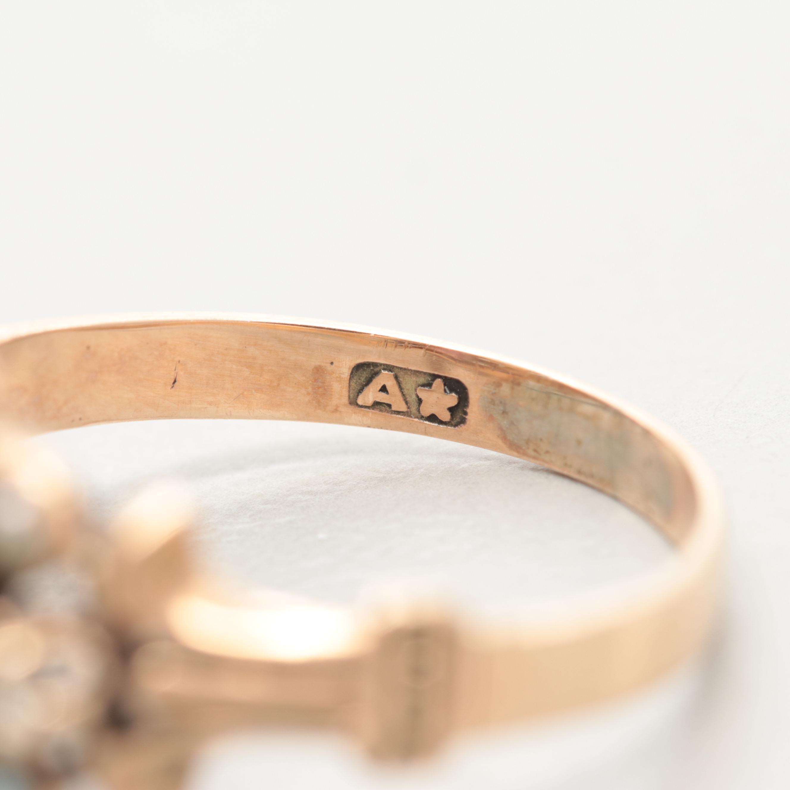 Victorian 10K Rose Gold Garnet, Diamond and Cultured Pearl Ring