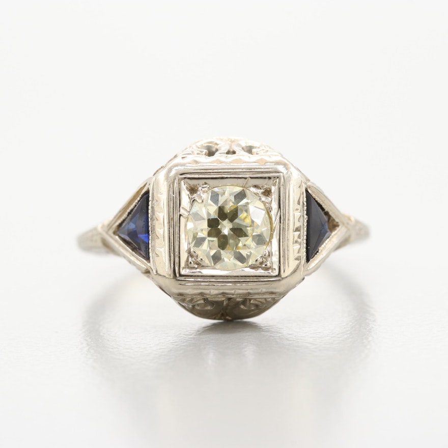 Belais Brothers Art Deco 18K White Gold Diamond and Synthetic Sapphire Ring