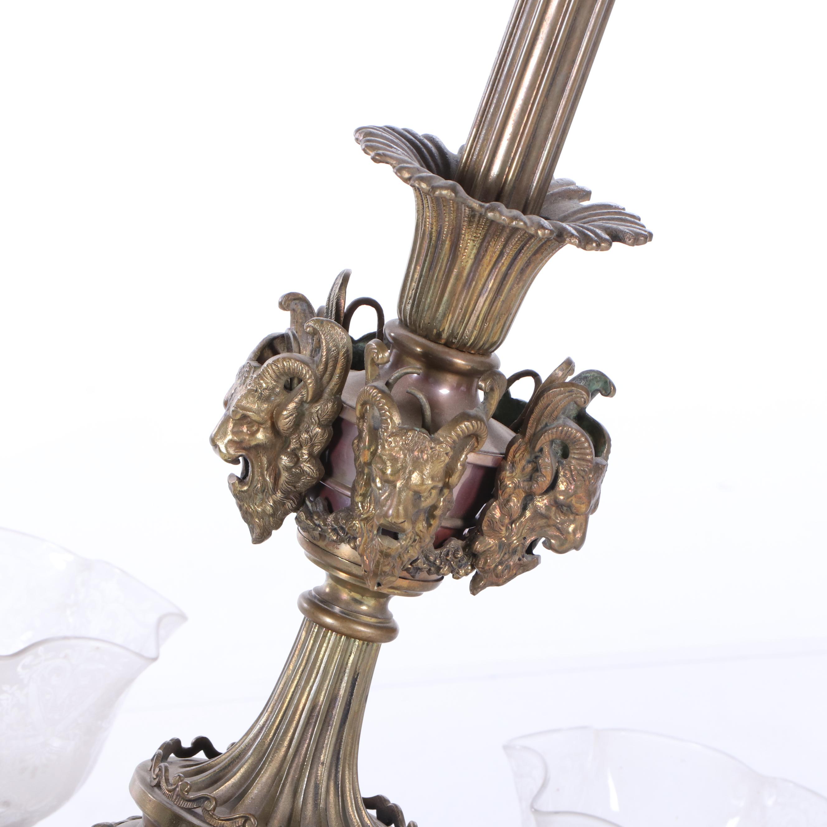 Cast Brass Ram Head and Leaf Six Arm Chandelier with Glass Shades