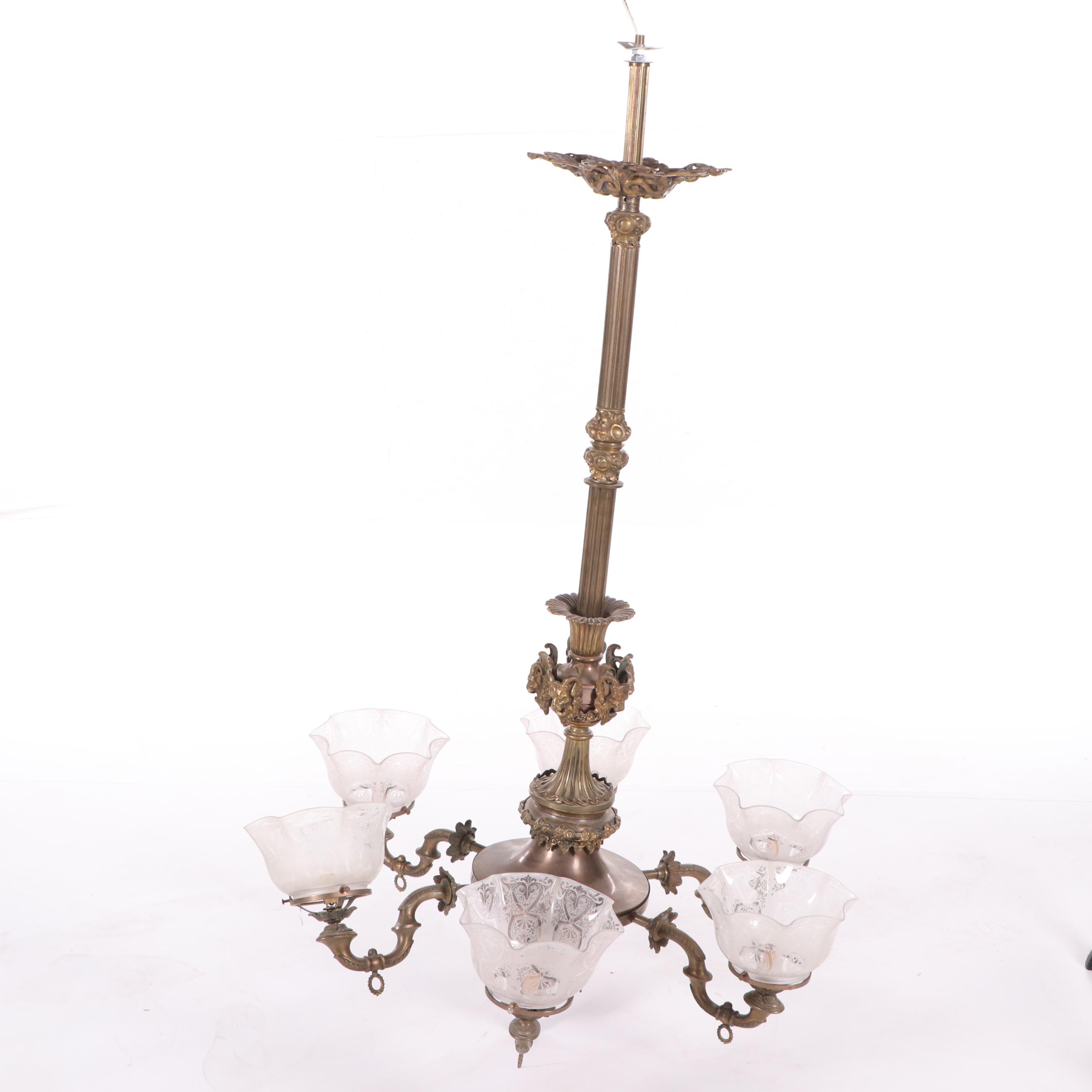 Cast Brass Ram Head and Leaf Six Arm Chandelier with Glass Shades