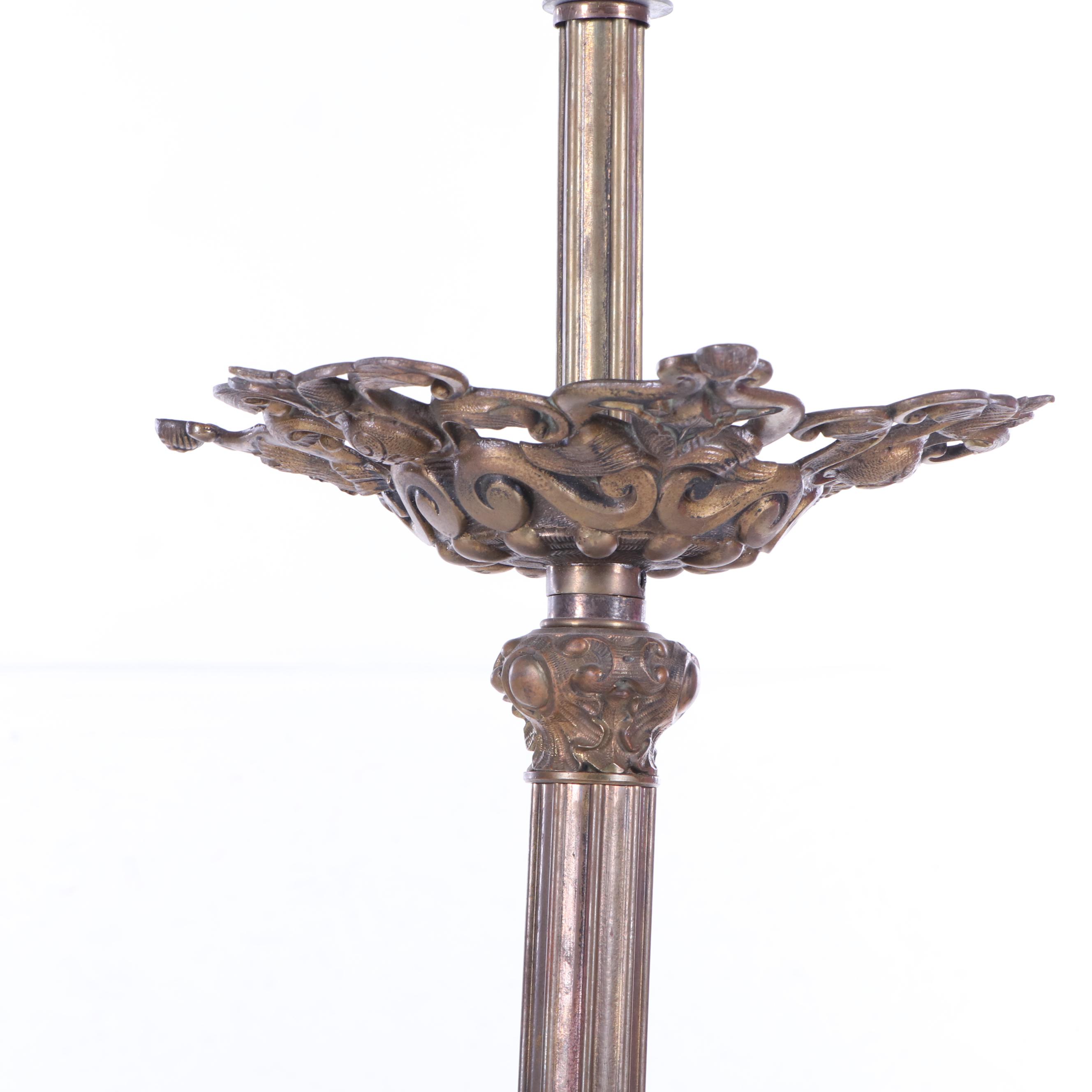 Cast Brass Ram Head and Leaf Six Arm Chandelier with Glass Shades