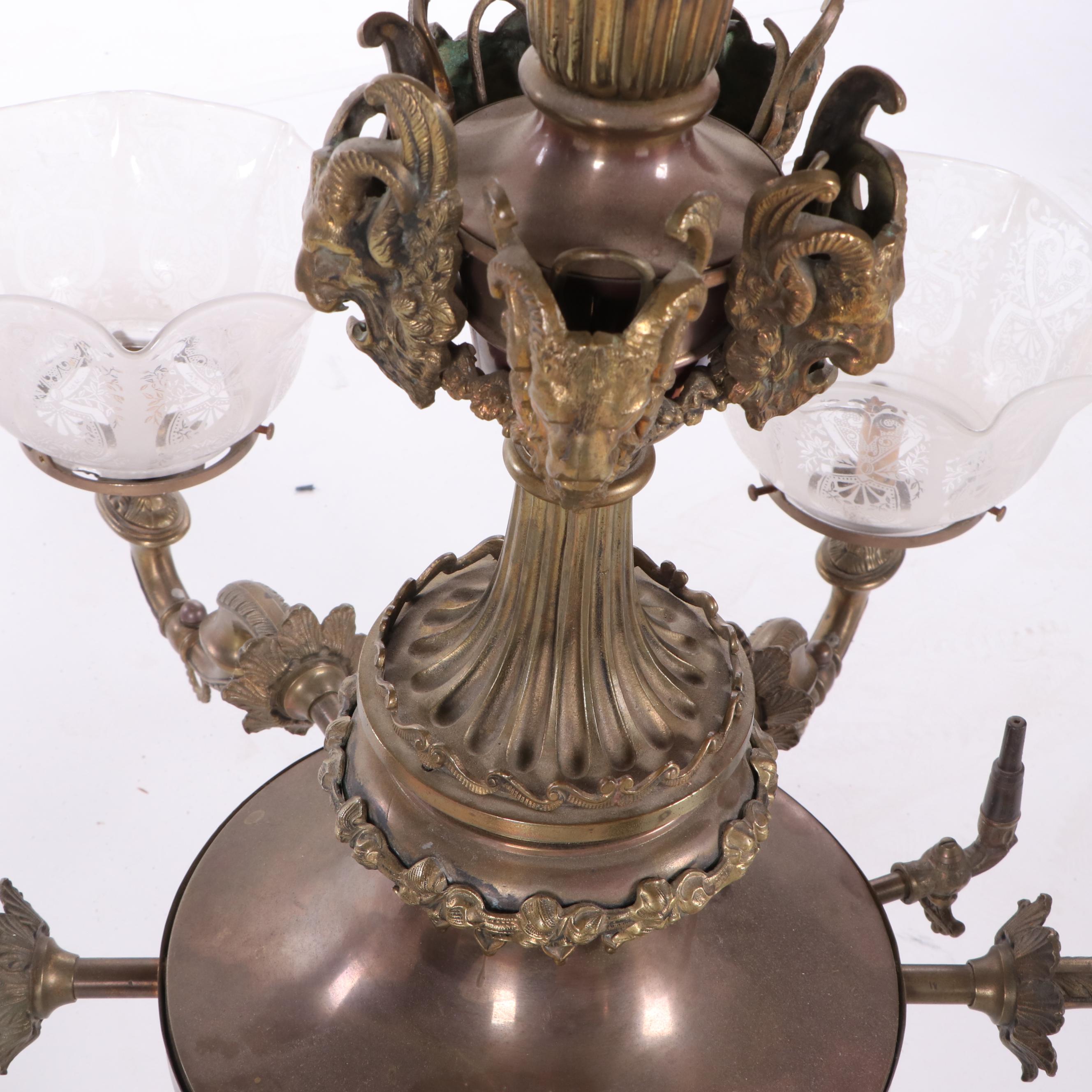 Cast Brass Ram Head and Leaf Six Arm Chandelier with Glass Shades