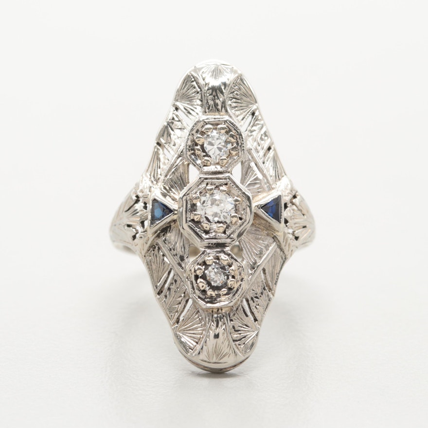 Early Art Deco 18K White Gold Synthetic Sapphire and Diamond Navette Dinner Ring