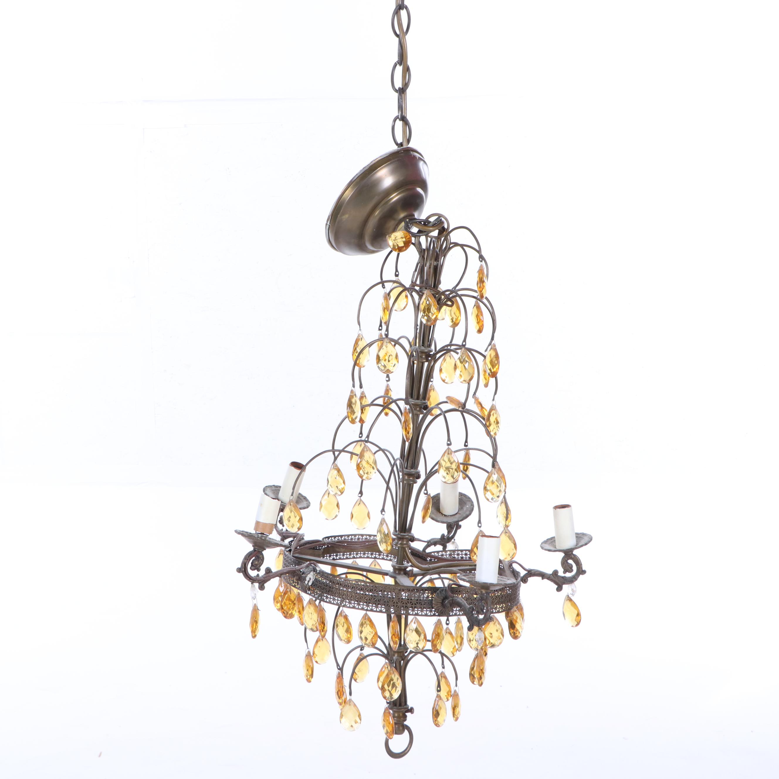 Tiered Bronze Tone Five Arm Chandelier with Cascading Amber Prisms