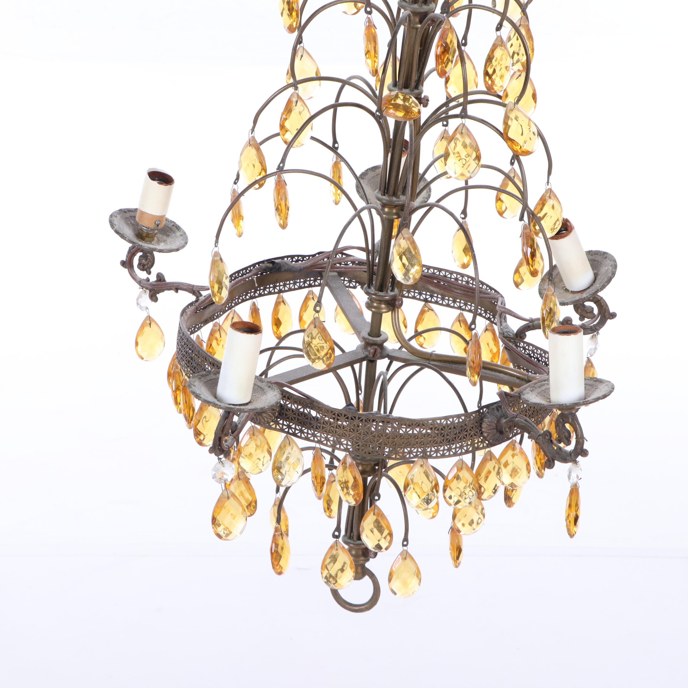 Tiered Bronze Tone Five Arm Chandelier with Cascading Amber Prisms