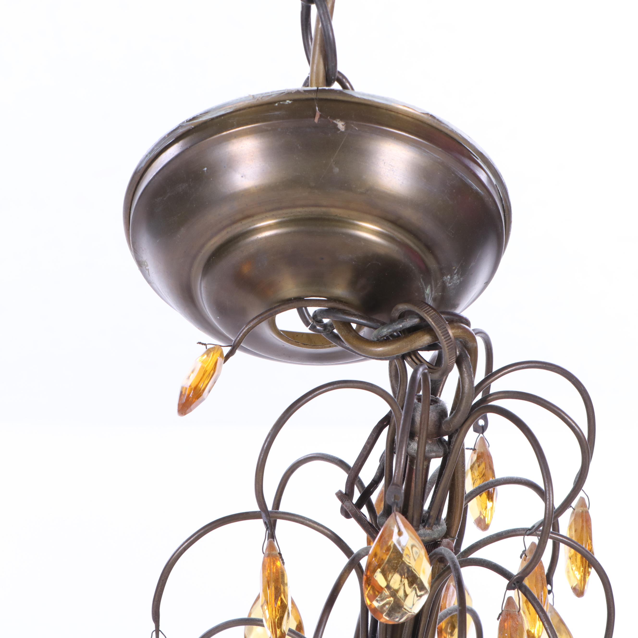 Tiered Bronze Tone Five Arm Chandelier with Cascading Amber Prisms