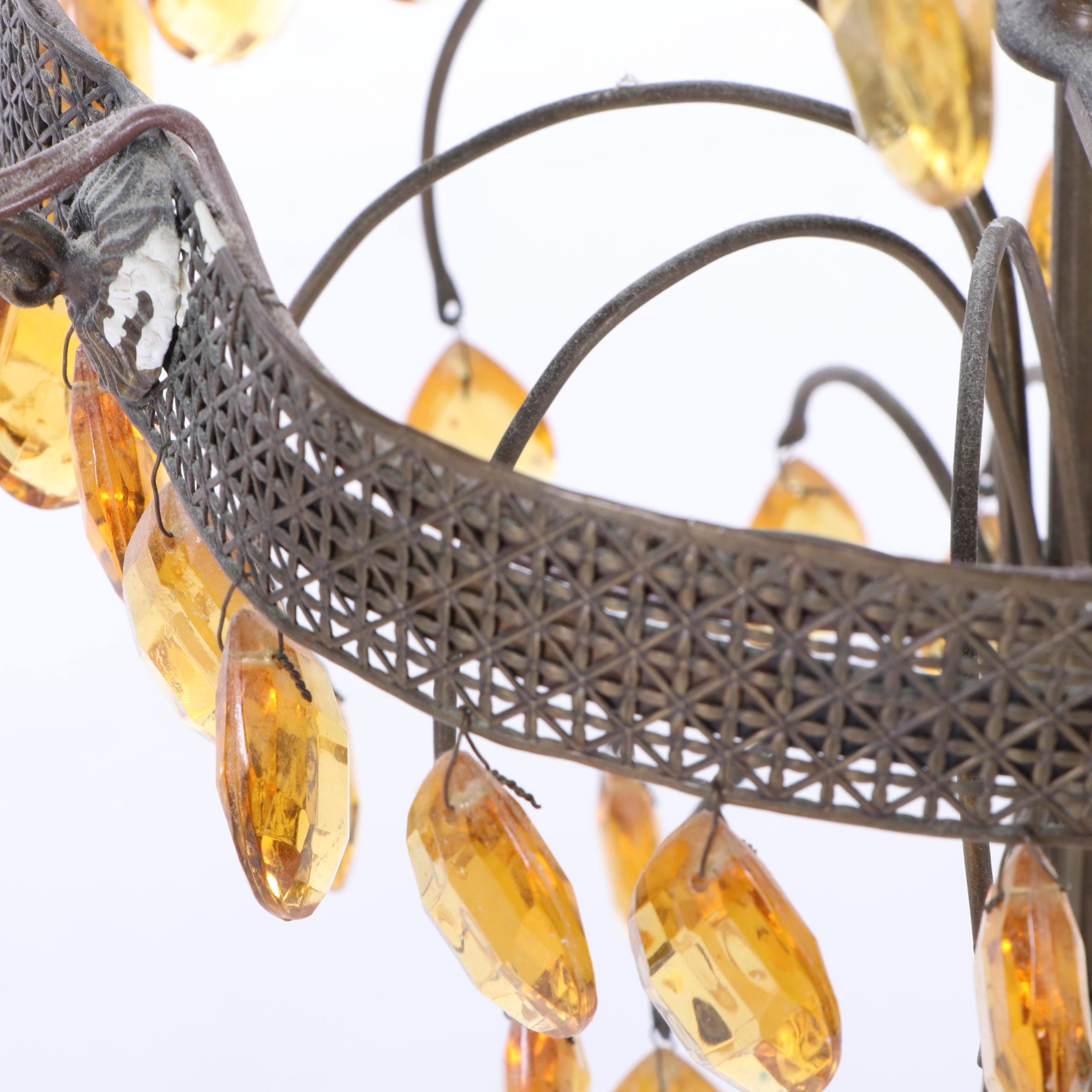 Tiered Bronze Tone Five Arm Chandelier with Cascading Amber Prisms