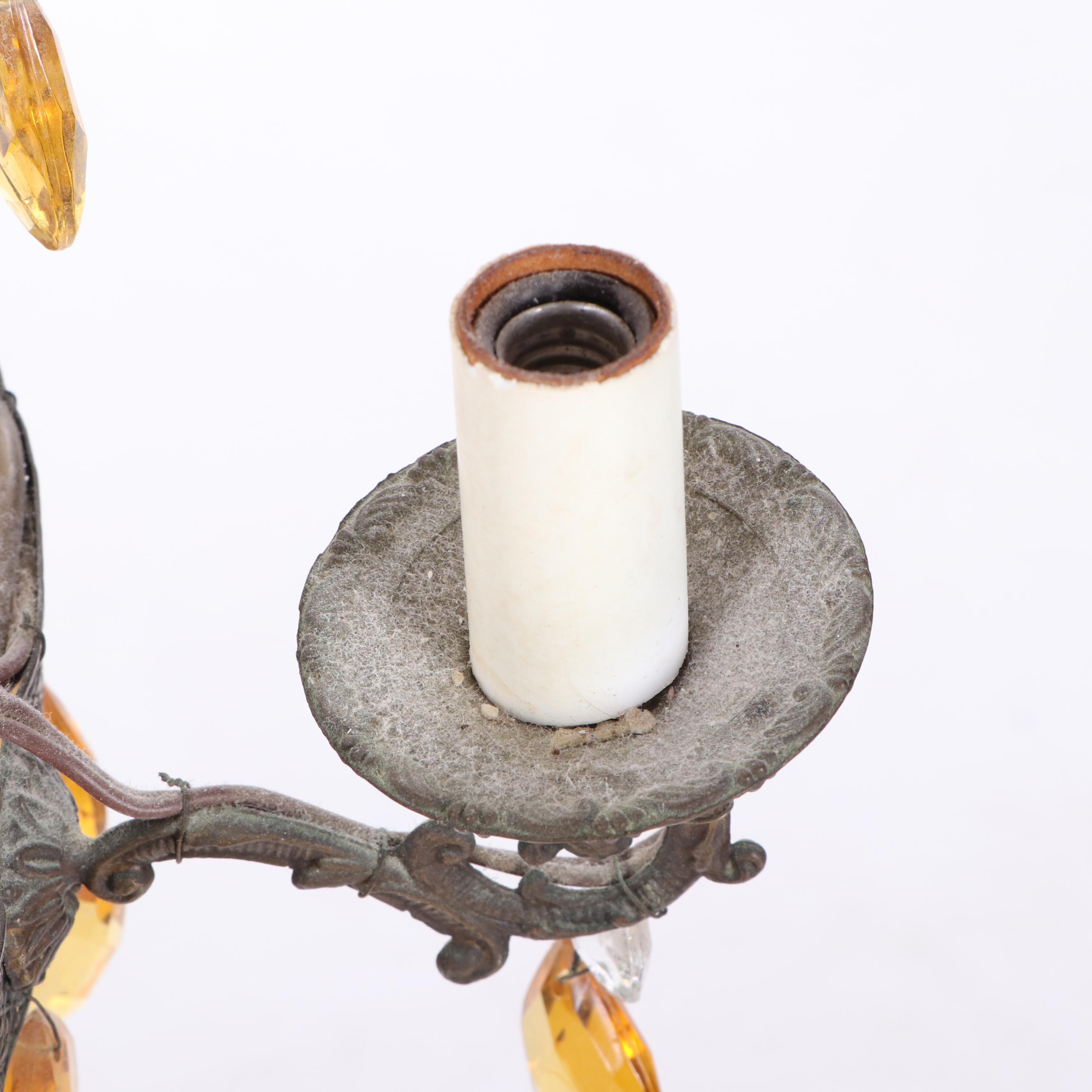 Tiered Bronze Tone Five Arm Chandelier with Cascading Amber Prisms