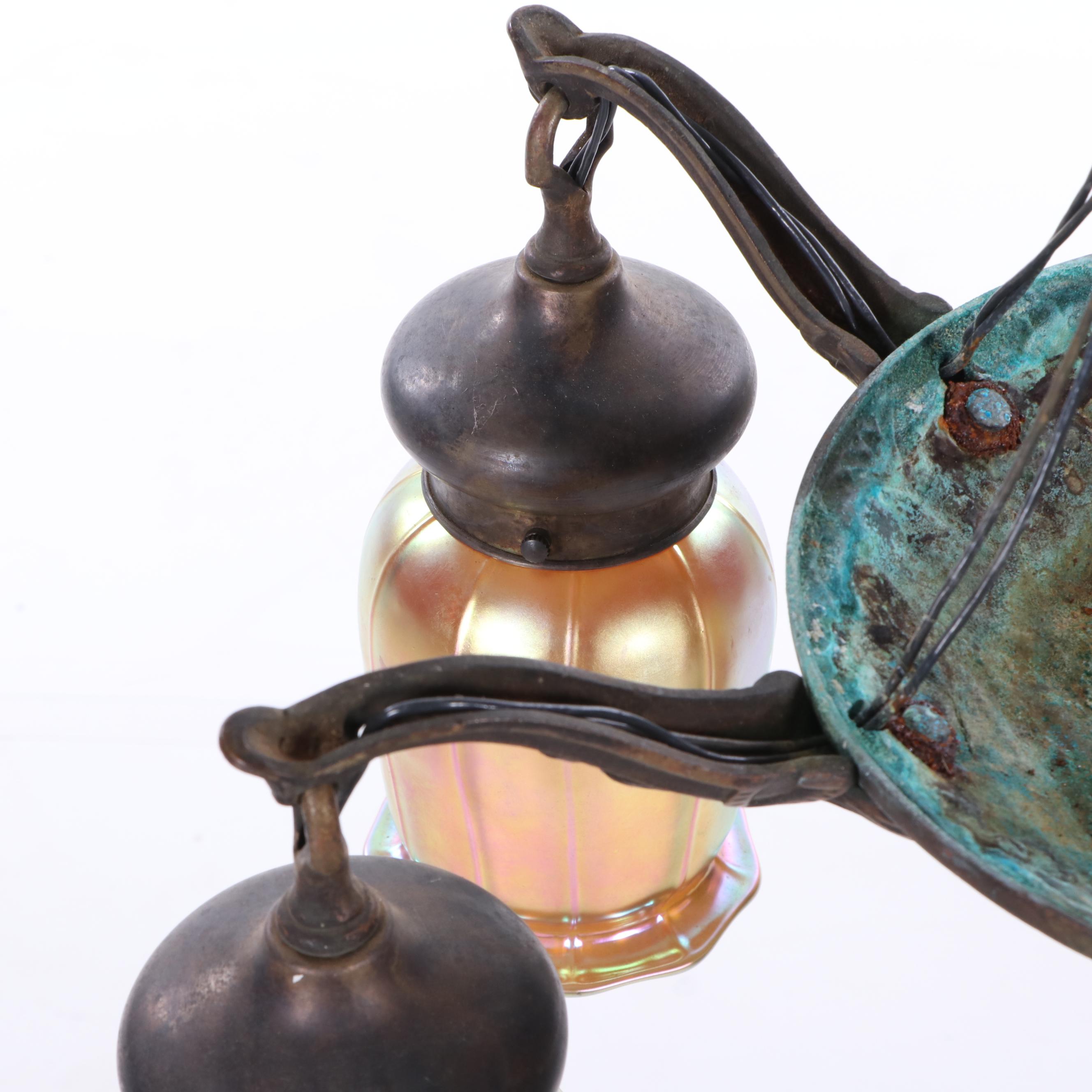 Iridescent Glass Shades Attributed to Quezal together with a Bronze Chandelier