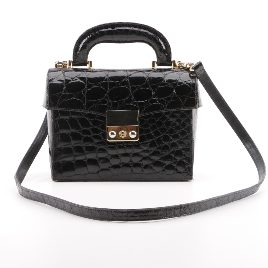 Vintage Franco Parmeggiani Crocodile Embossed Black Patent Leather Handbag