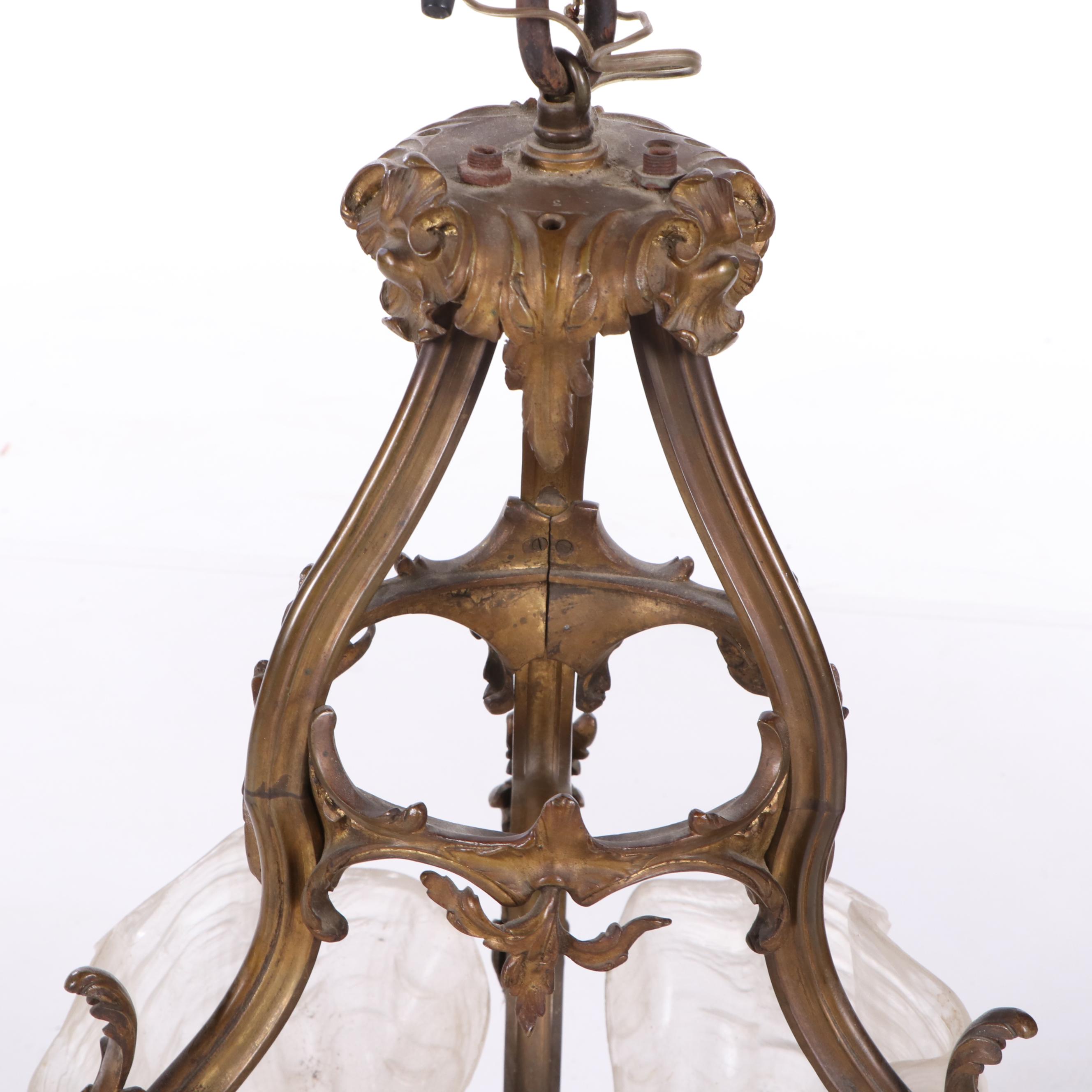 Art Nouveau Gilt Bronze Chandelier with Shell Form Glass Shades