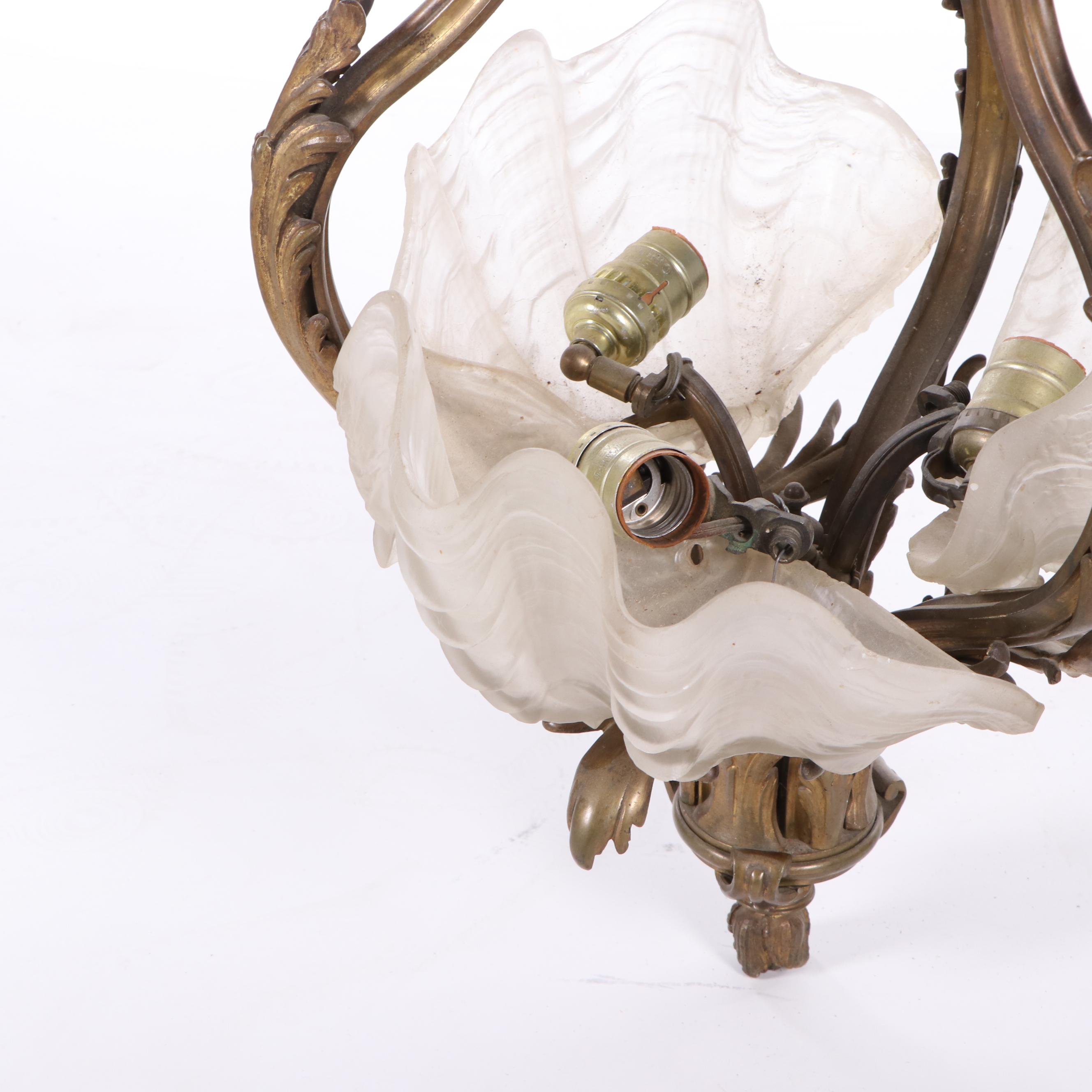 Art Nouveau Gilt Bronze Chandelier with Shell Form Glass Shades