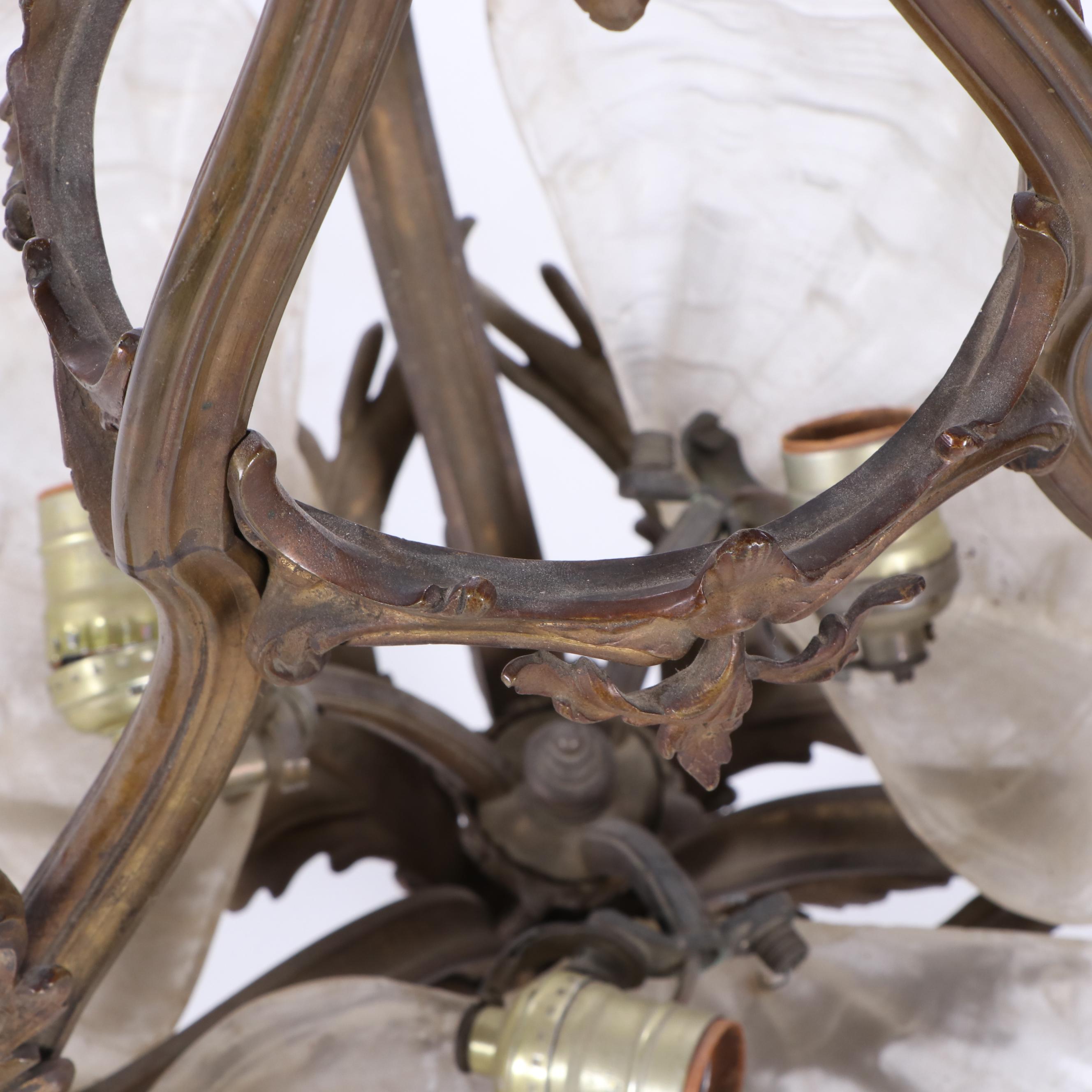 Art Nouveau Gilt Bronze Chandelier with Shell Form Glass Shades