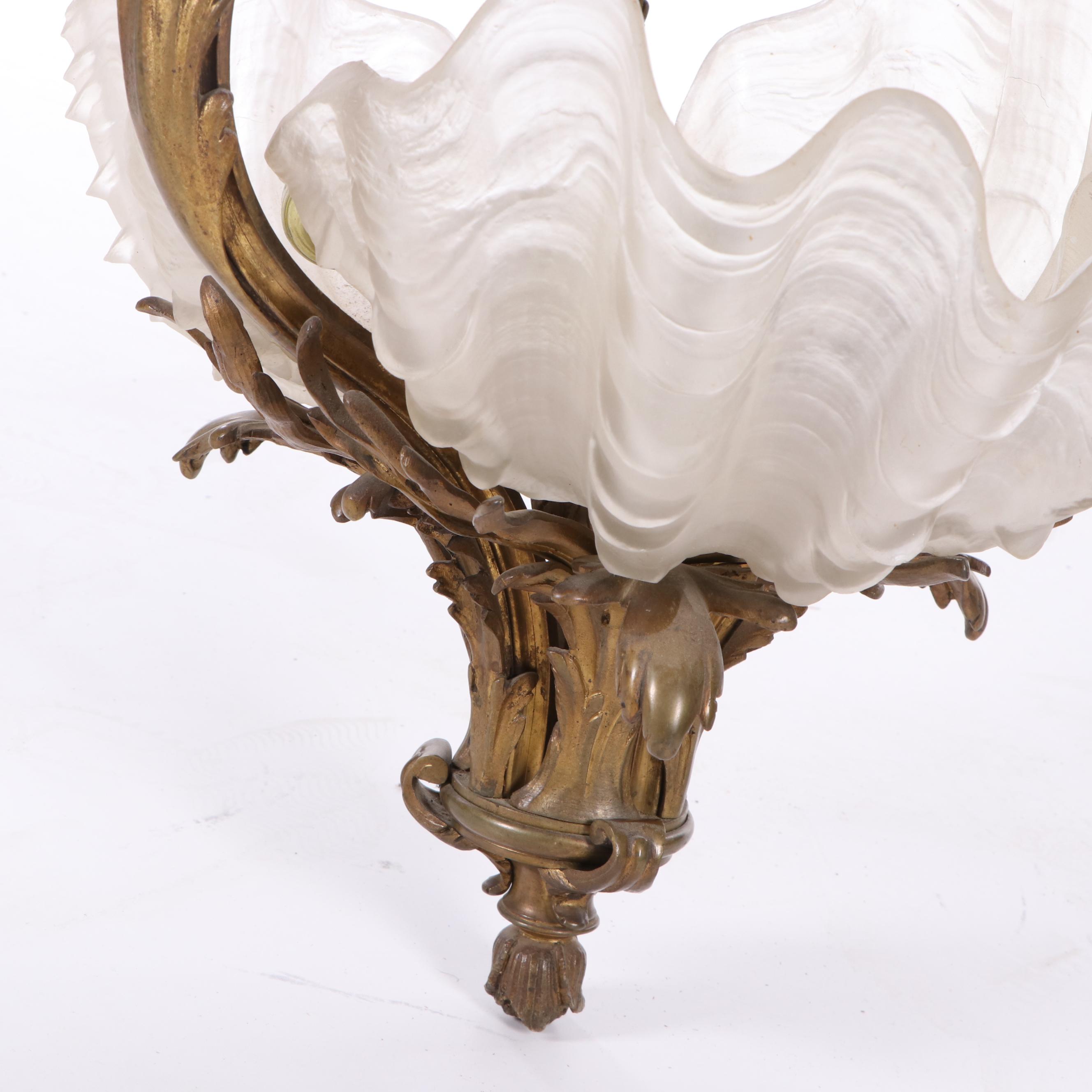 Art Nouveau Gilt Bronze Chandelier with Shell Form Glass Shades