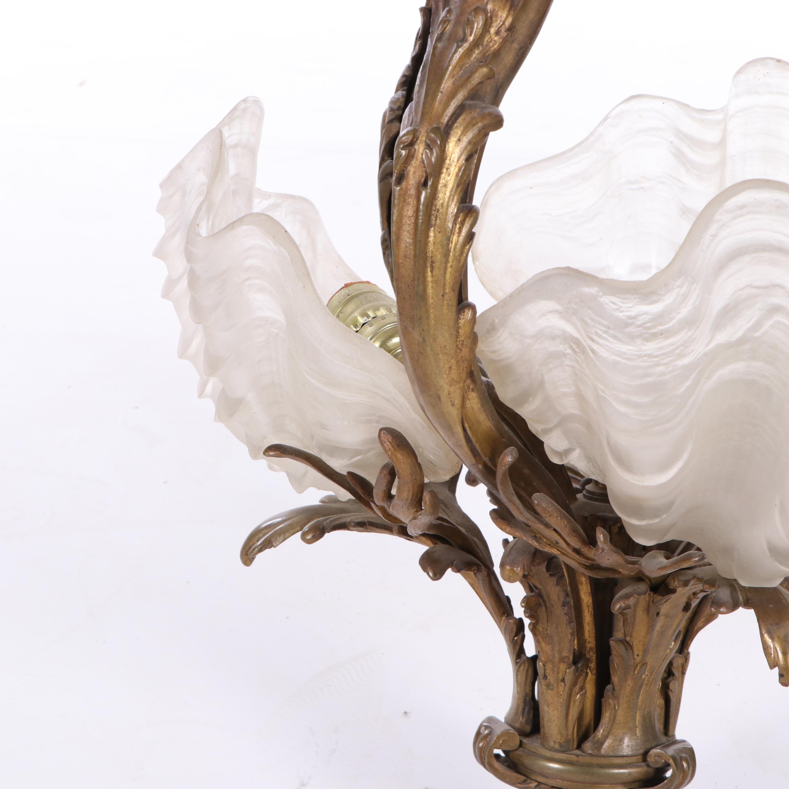 Art Nouveau Gilt Bronze Chandelier with Shell Form Glass Shades