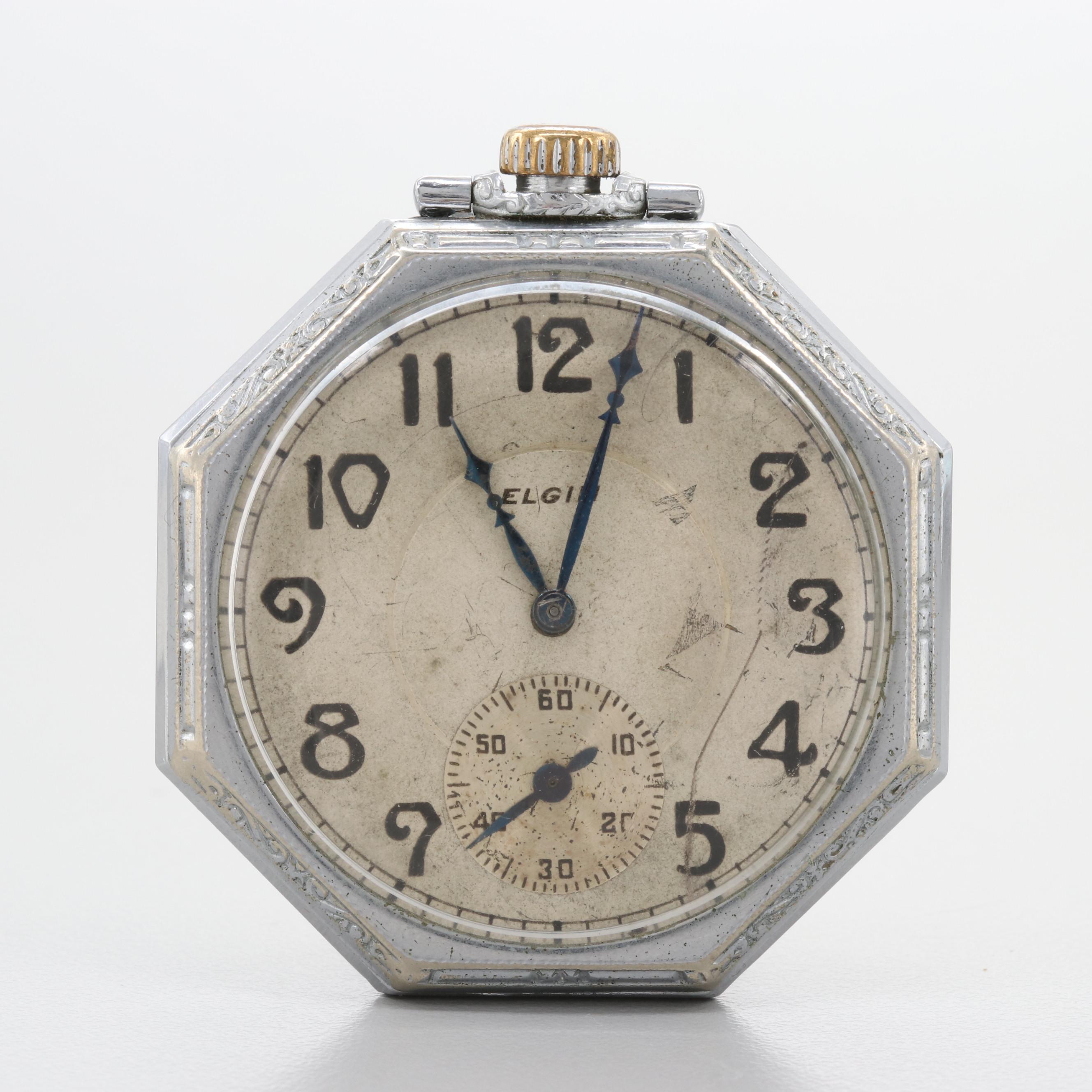 Elgin Silver Tone Octagonal Shape Pocket Watch, 1917