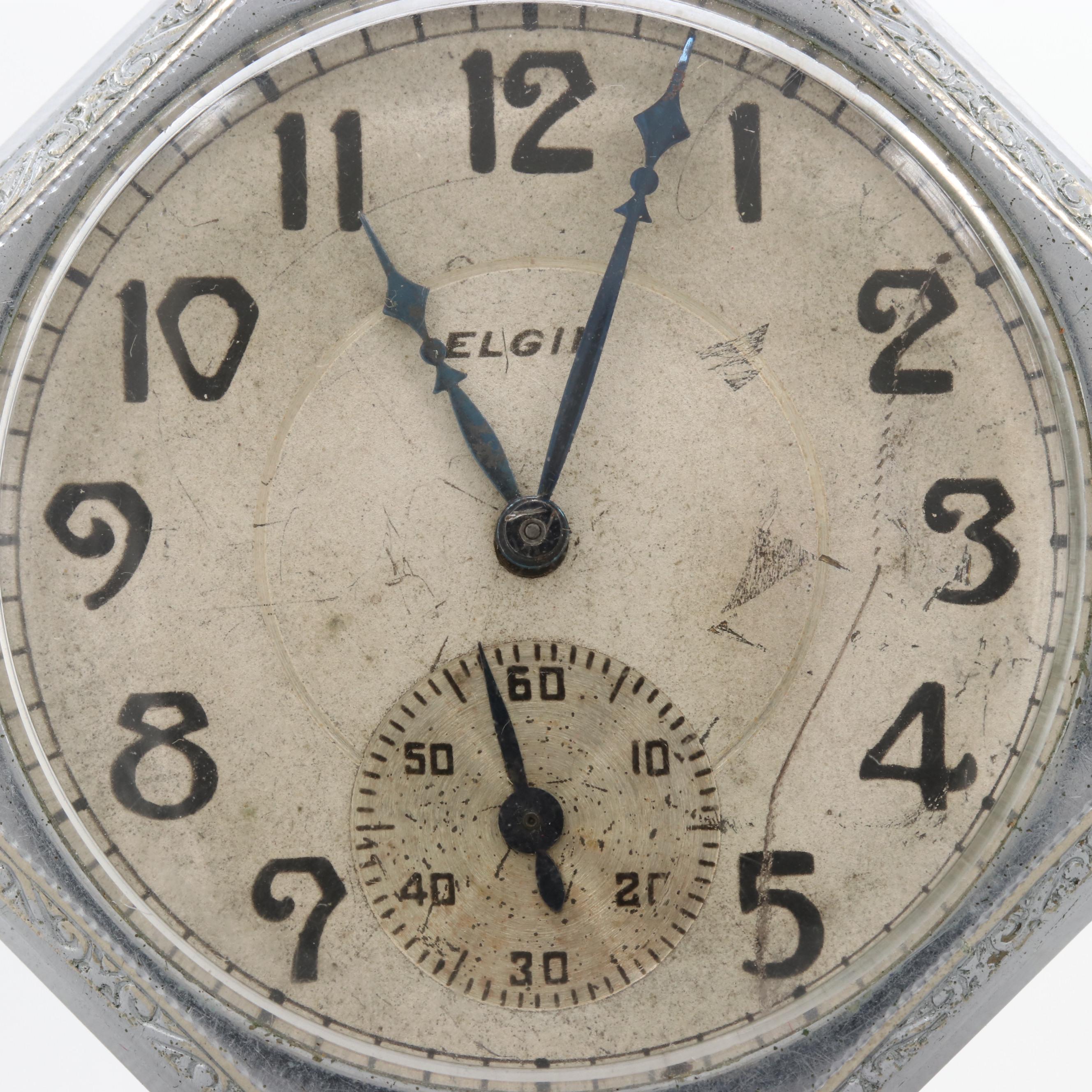 Elgin Silver Tone Octagonal Shape Pocket Watch, 1917