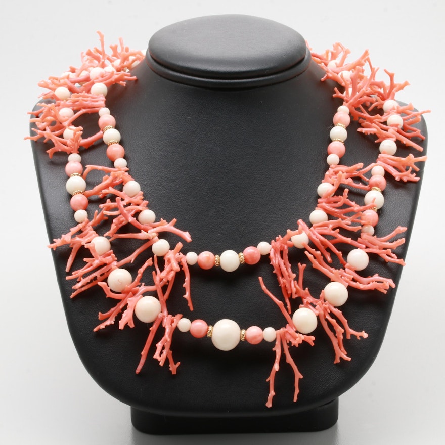 14K Yellow Gold Coral Branch Double Strand Necklace