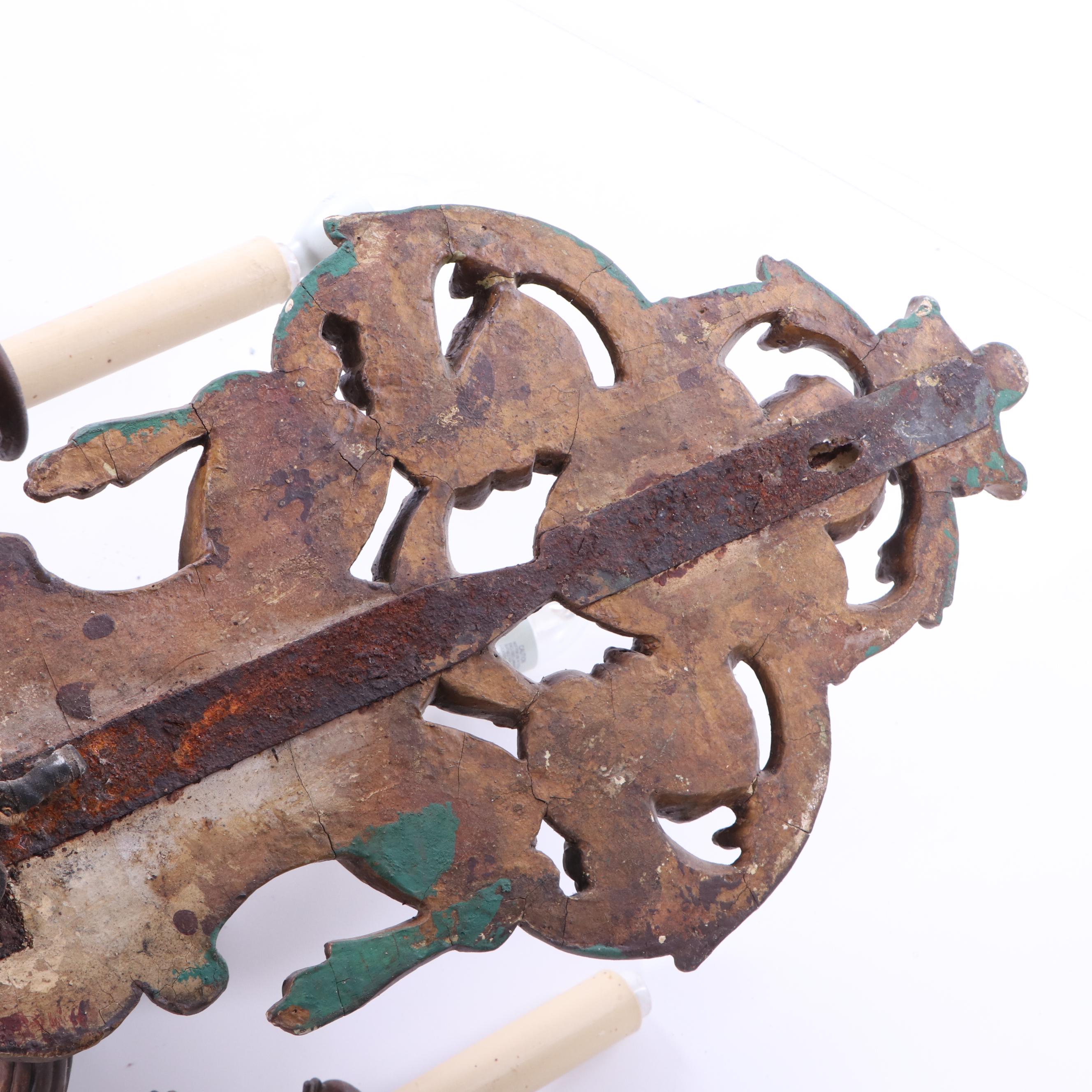 Antique Three-Arm Putti Figural Composite and Metal Wall Sconces