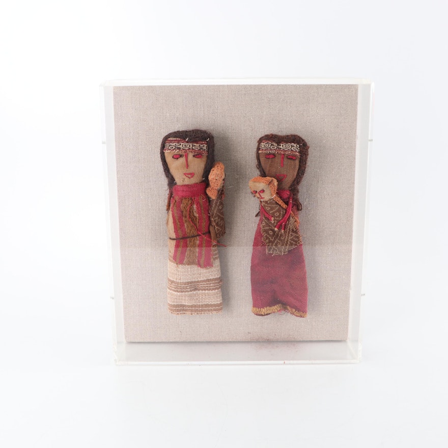 Peruvian Style "Chancay" Burial Dolls in Display Case, 20th Century