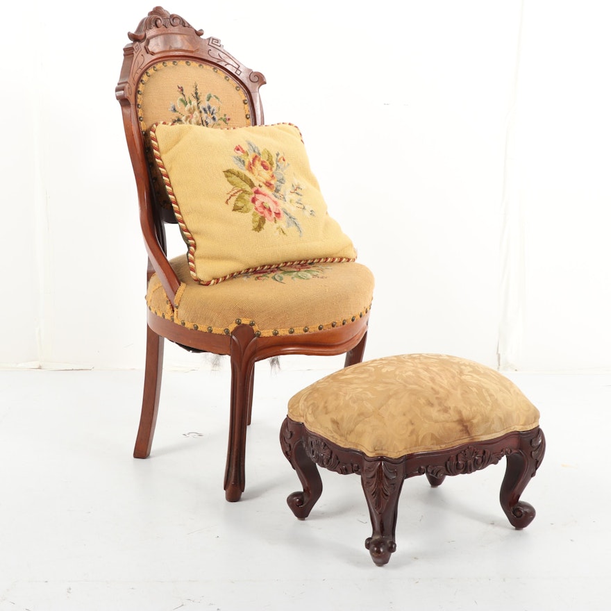 Victorian Walnut Side Chair with Footstool, Early 20th Century