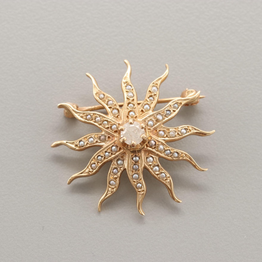 Victorian Revival 14K Yellow Gold Diamond and Cultured Pearl Sunburst Brooch Pin