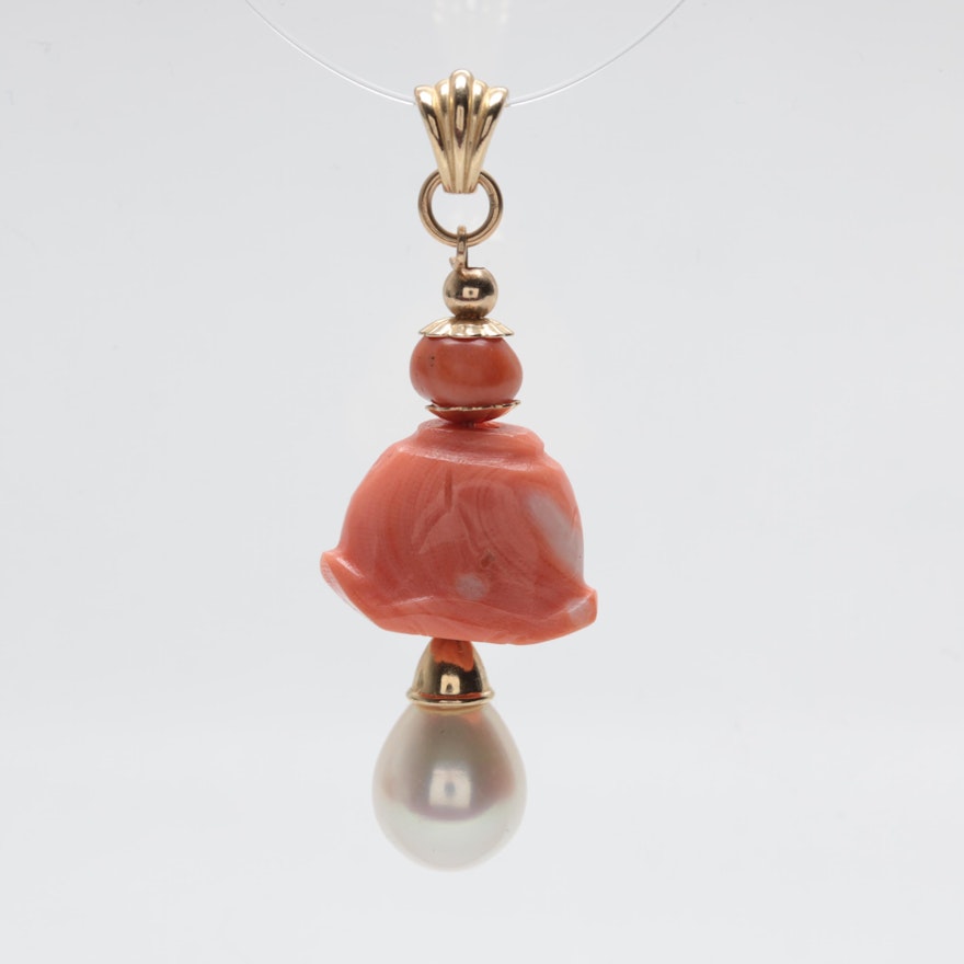 14K Yellow Gold Coral and Cultured Pearl Bell Pendant